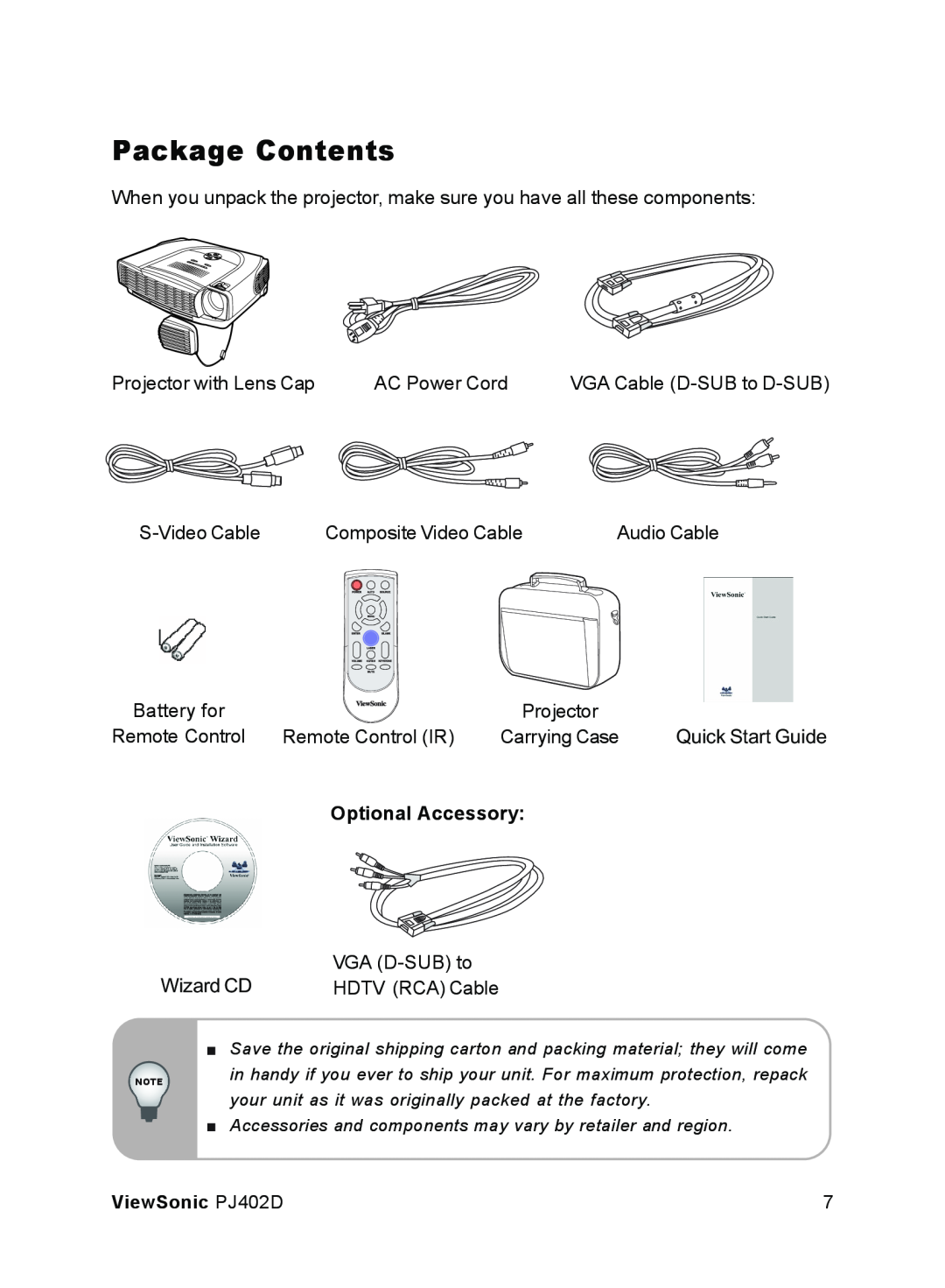ViewSonic PJ402D manual Package Contents 