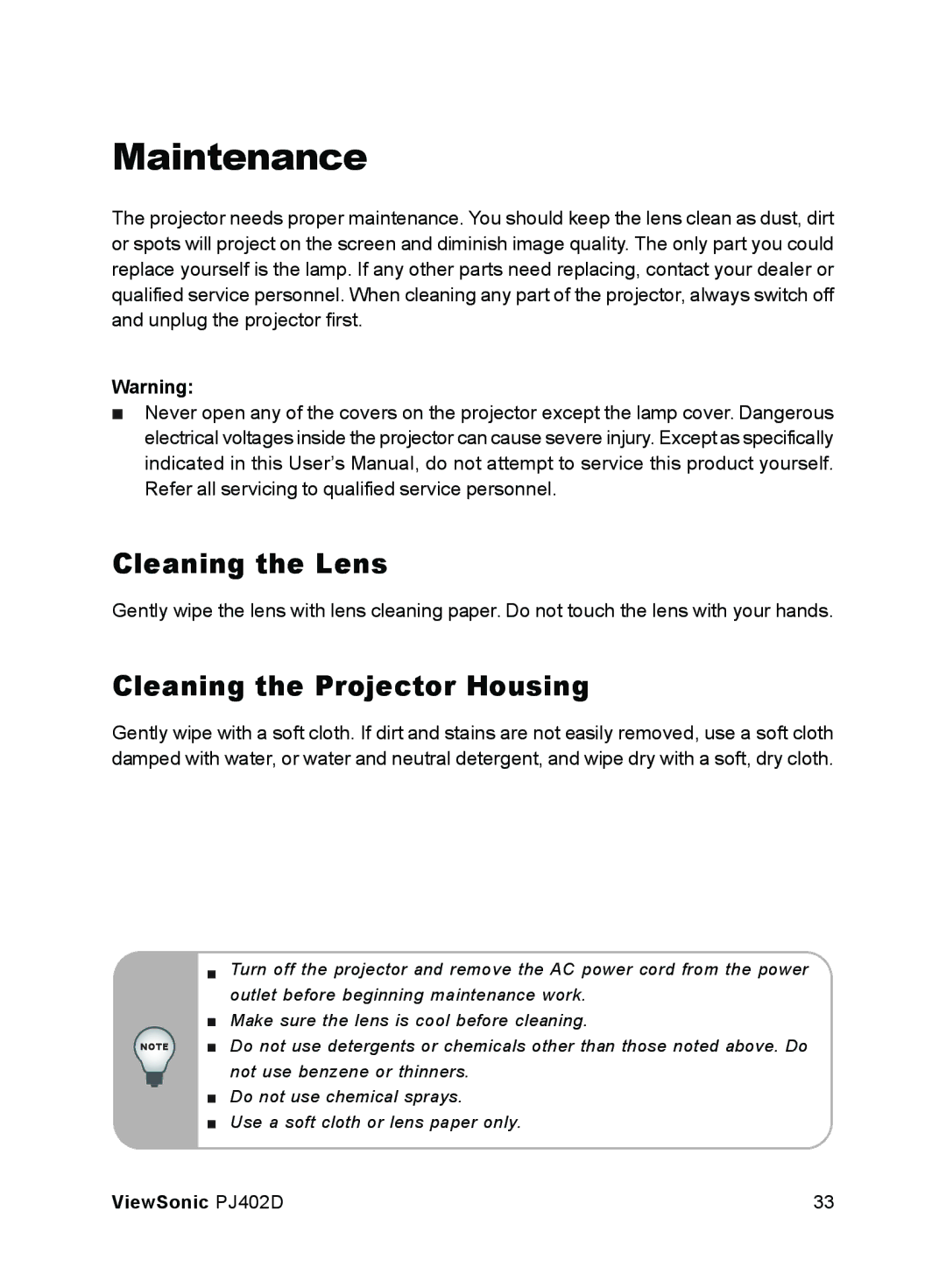 ViewSonic PJ402D manual Maintenance, Cleaning the Lens, Cleaning the Projector Housing 