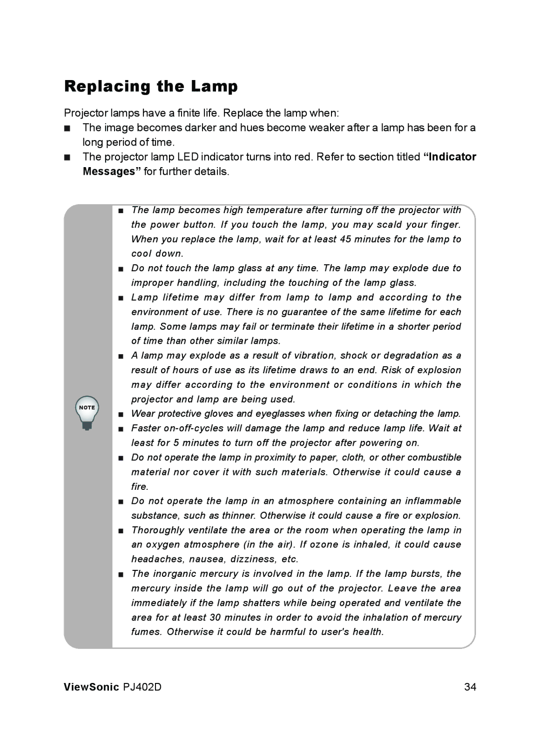 ViewSonic PJ402D manual Replacing the Lamp 