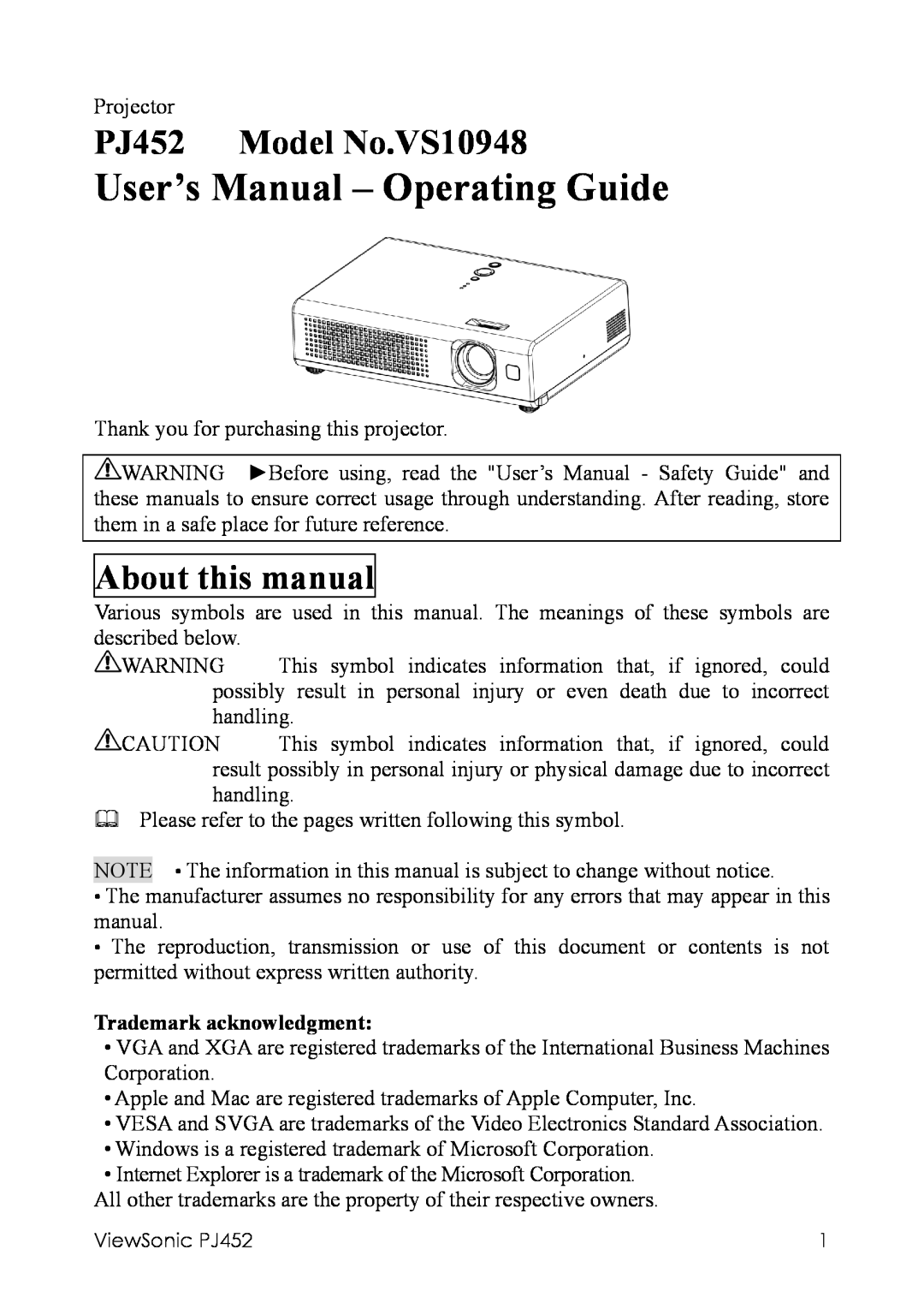 ViewSonic PJ452 Model No.VS10948, About this manual 