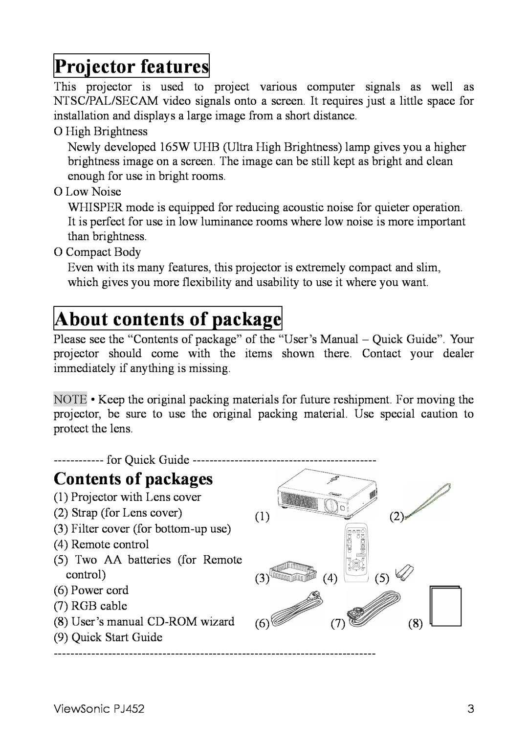 ViewSonic PJ452 manual Projector features, About contents of package, Contents of packages 
