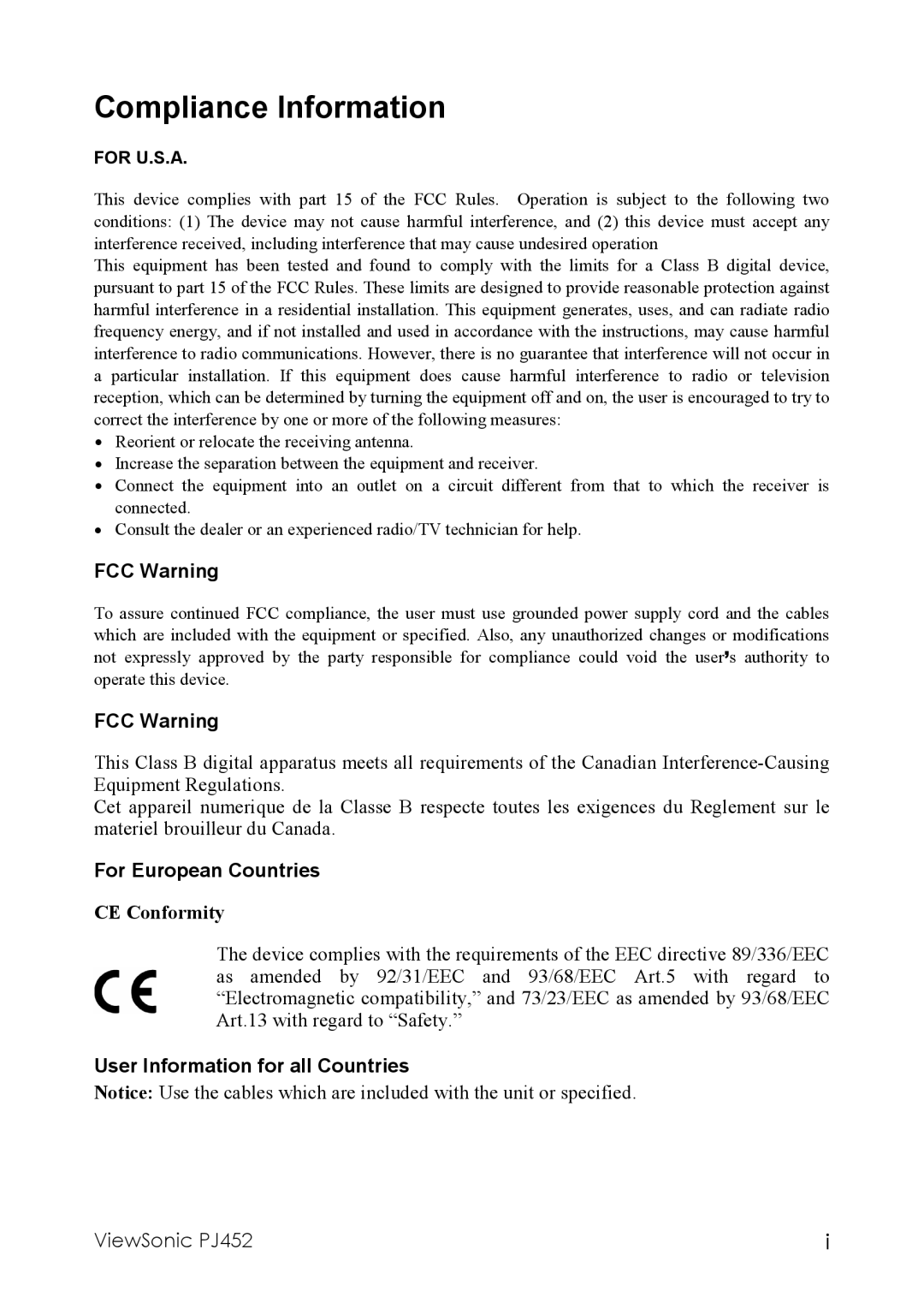 ViewSonic PJ452 manual Compliance Information 