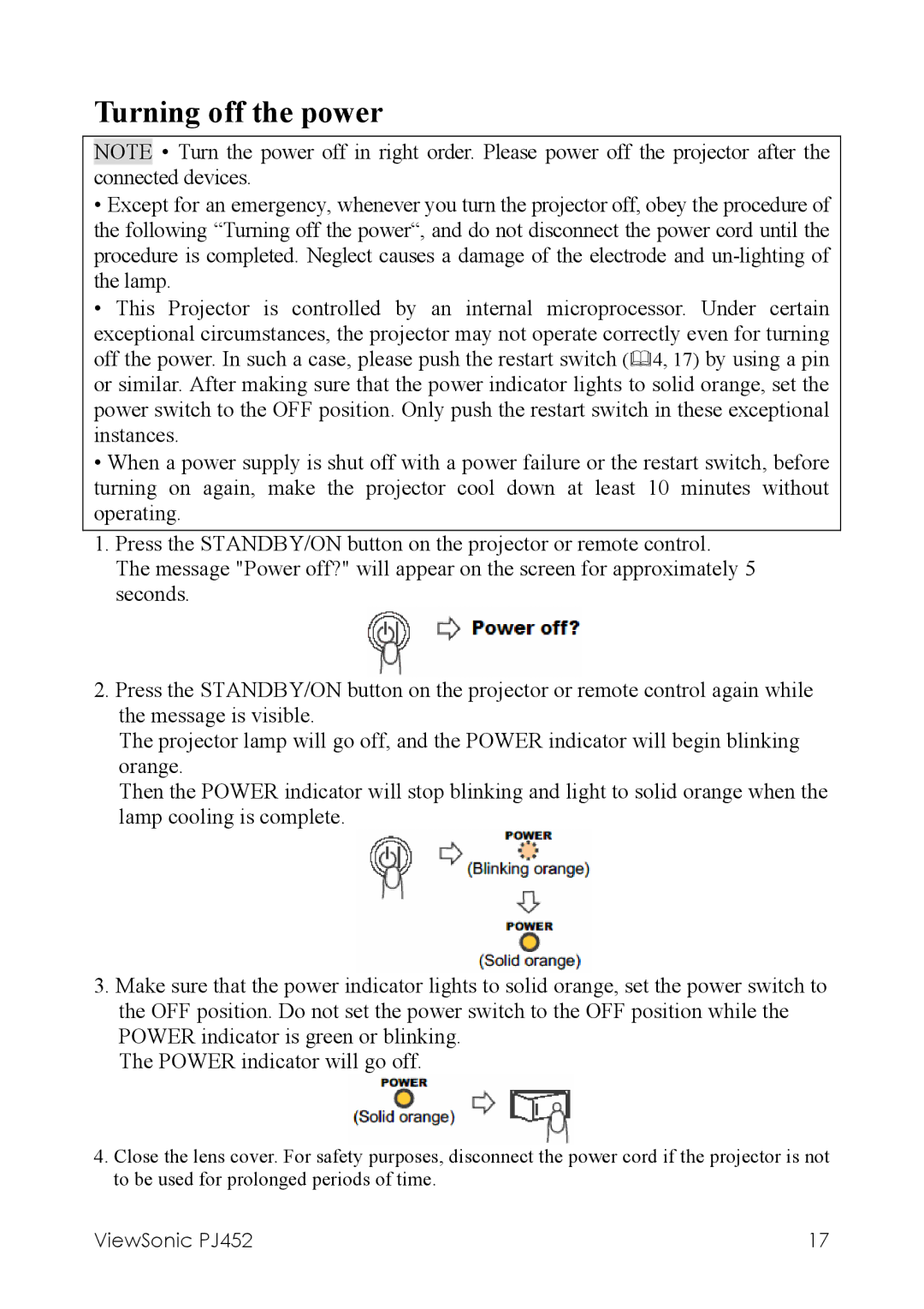 ViewSonic PJ452 manual Turning off the power 