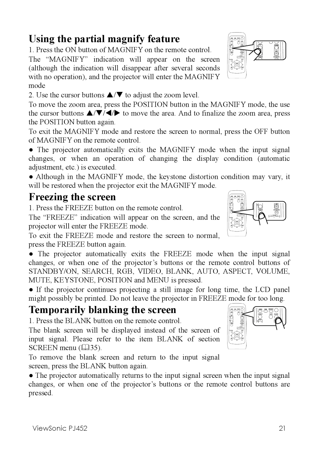 ViewSonic PJ452 manual Using the partial magnify feature, Freezing the screen, Temporarily blanking the screen 