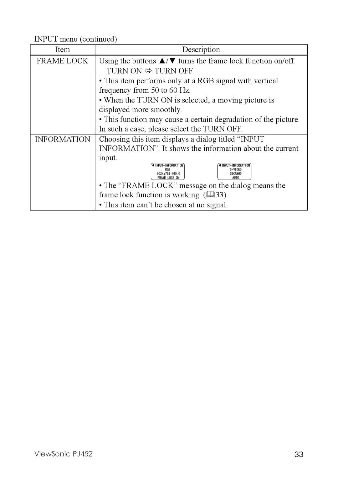 ViewSonic PJ452 manual Frame Lock, Turn on Turn OFF, Information 