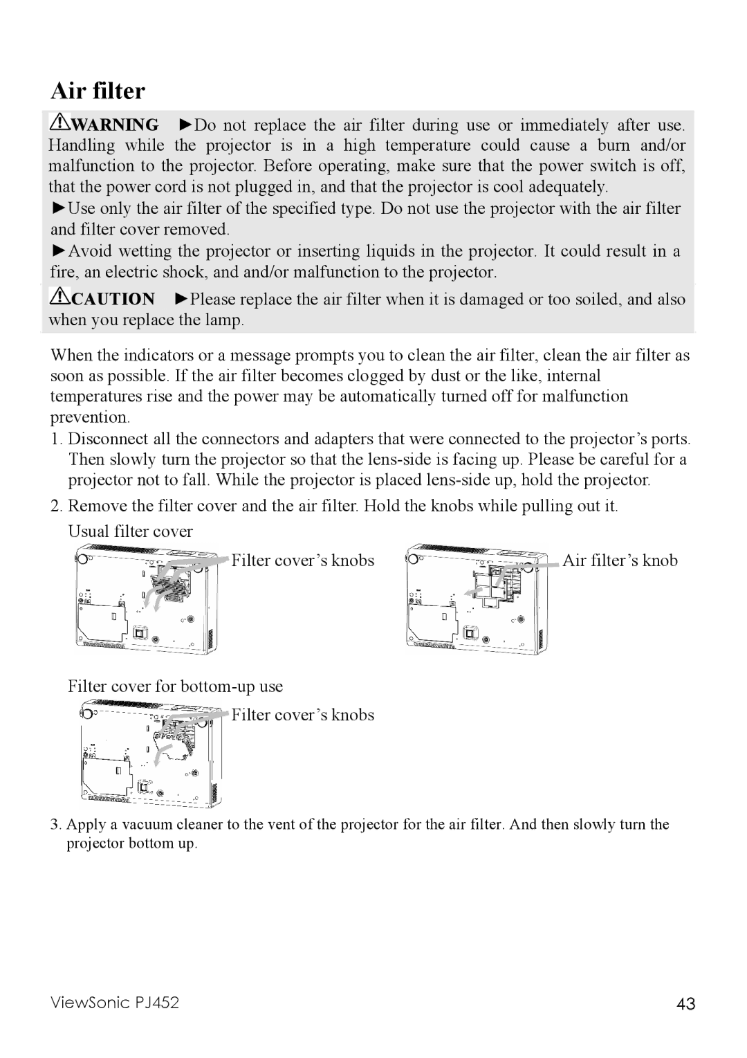 ViewSonic PJ452 manual Air filter 