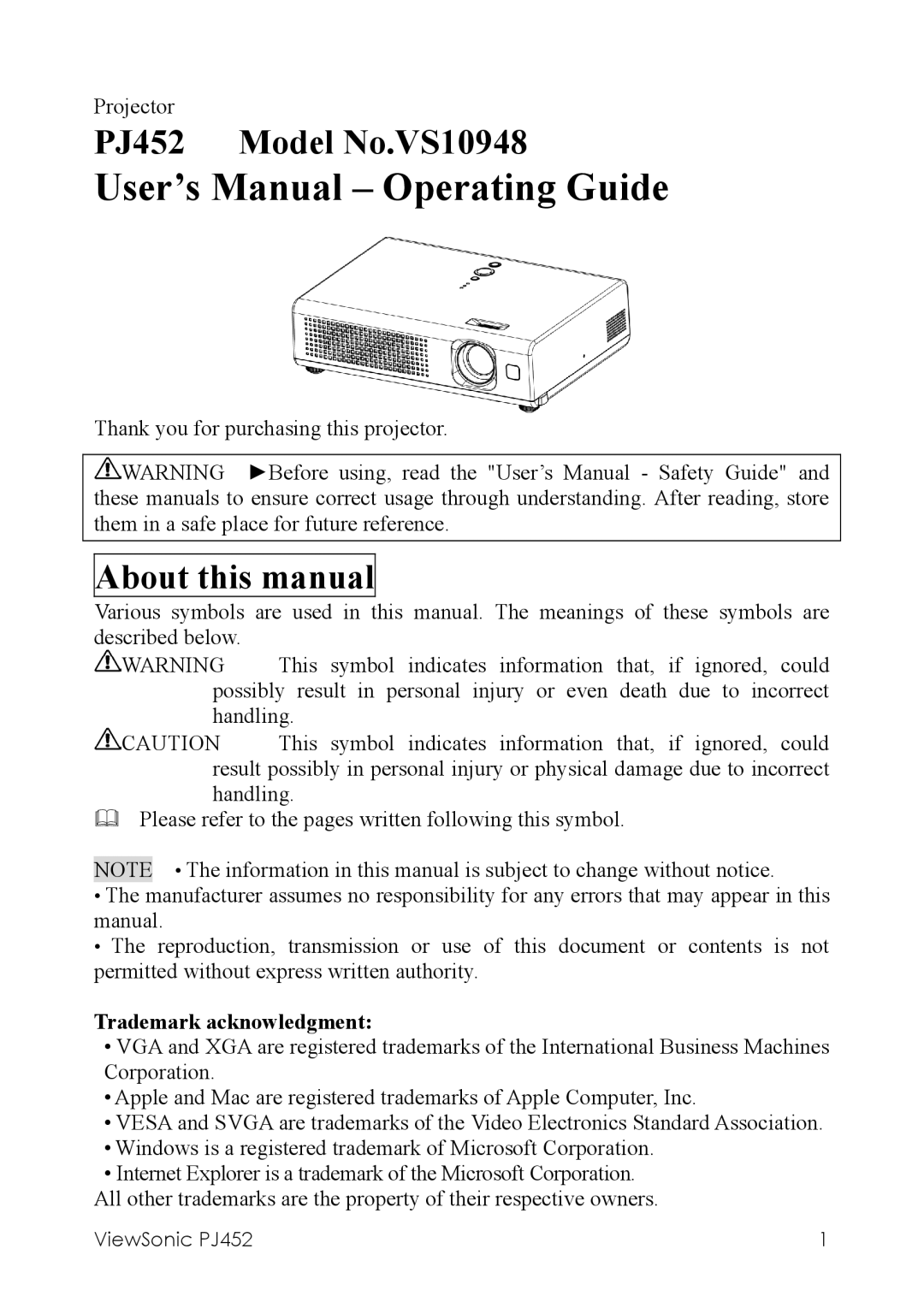 ViewSonic PJ452 Model No.VS10948, About this manual, Trademark acknowledgment 