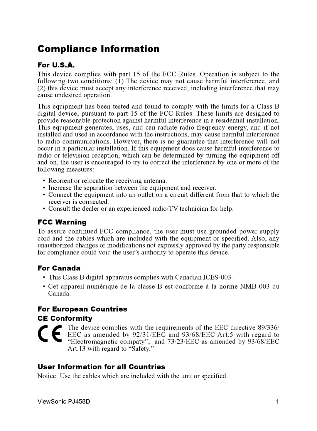 ViewSonic PJ458D manual Compliance Information, For U.S.A, FCC Warning, For Canada, For European Countries CE Conformity 