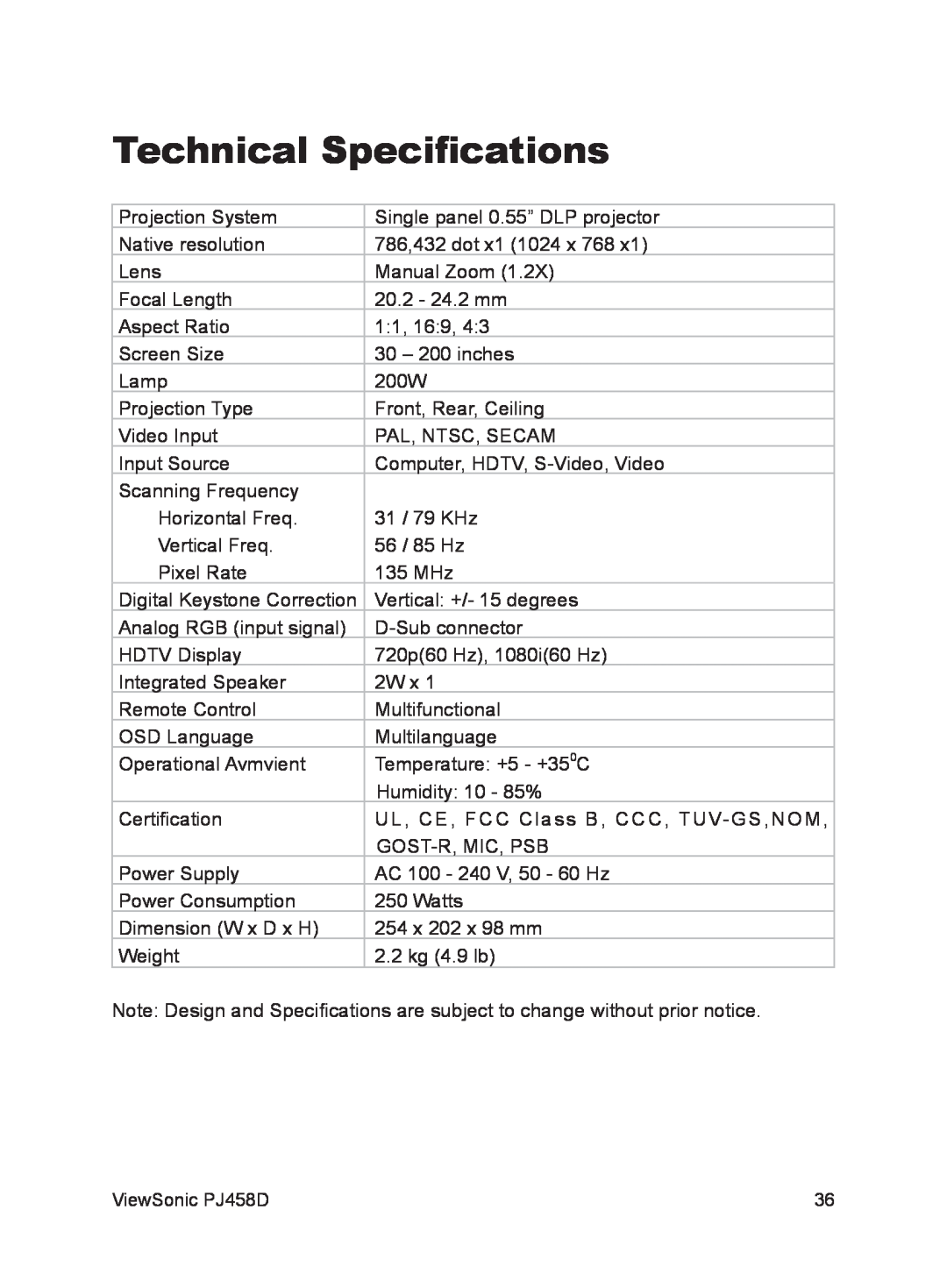 ViewSonic PJ458D manual Technical Speciﬁcations 