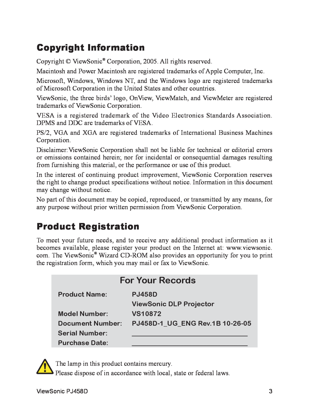 ViewSonic PJ458D Copyright Information, Product Registration, For Your Records, Product Name, ViewSonic DLP Projector 