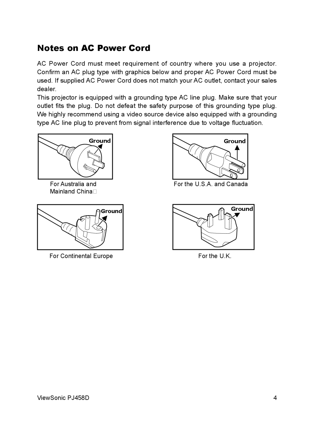 ViewSonic PJ458D manual Notes on AC Power Cord 