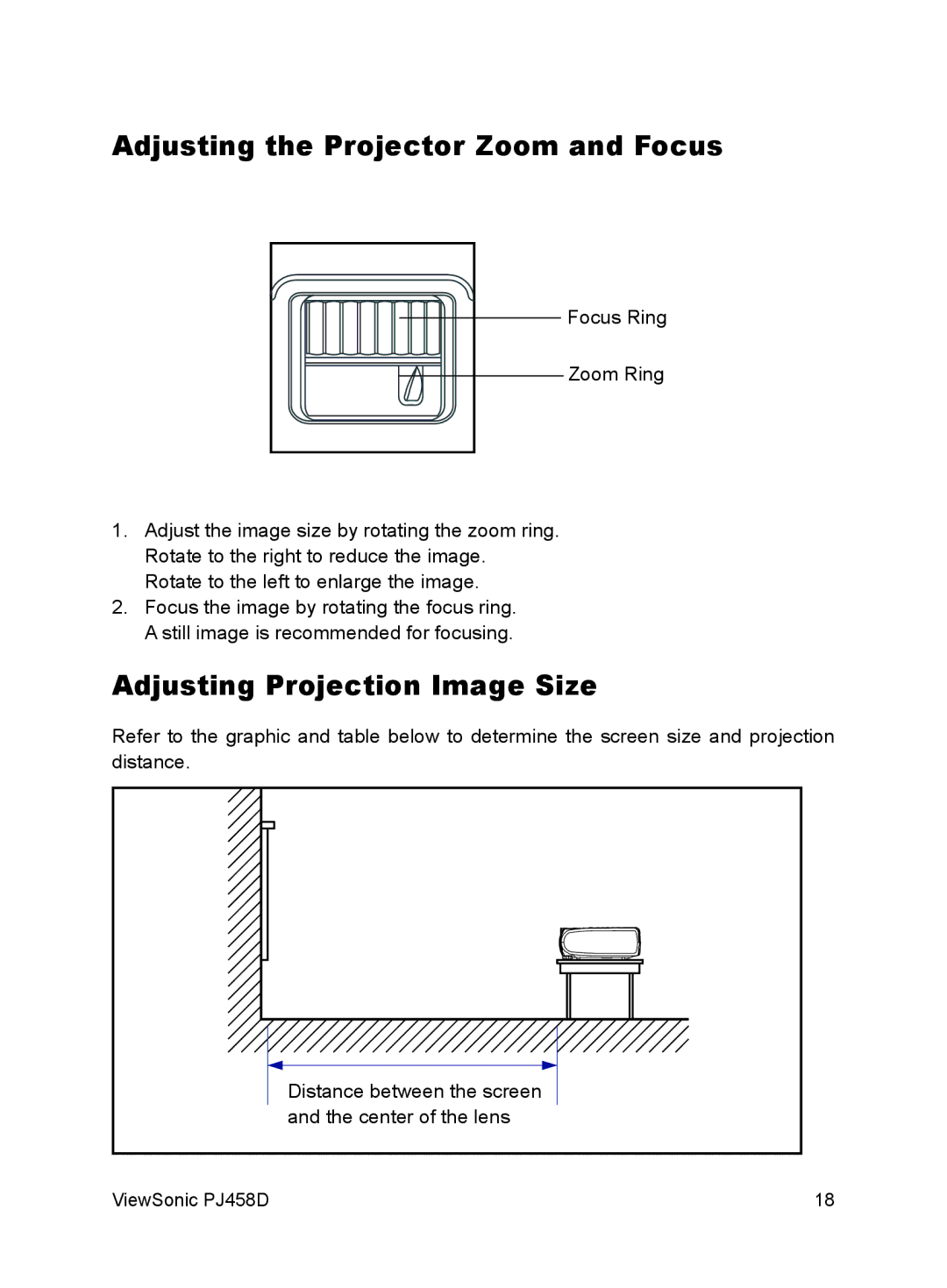 ViewSonic PJ458D manual Adjusting the Projector Zoom and Focus, Adjusting Projection Image Size 