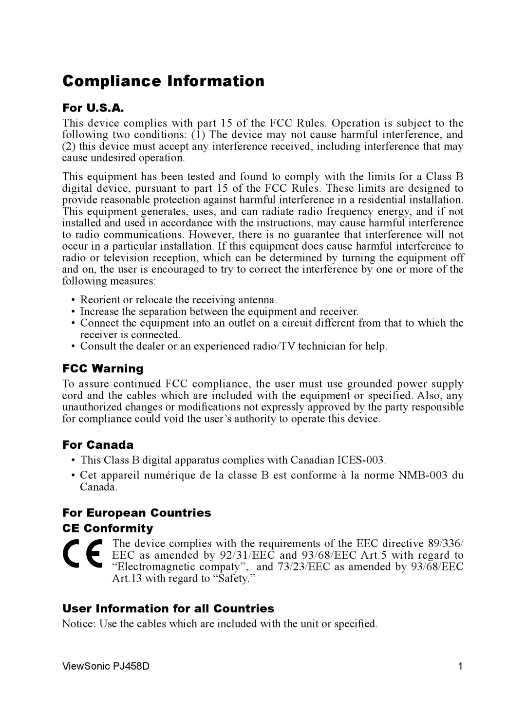 ViewSonic PJ458D manual Compliance Information, For U.S.A 