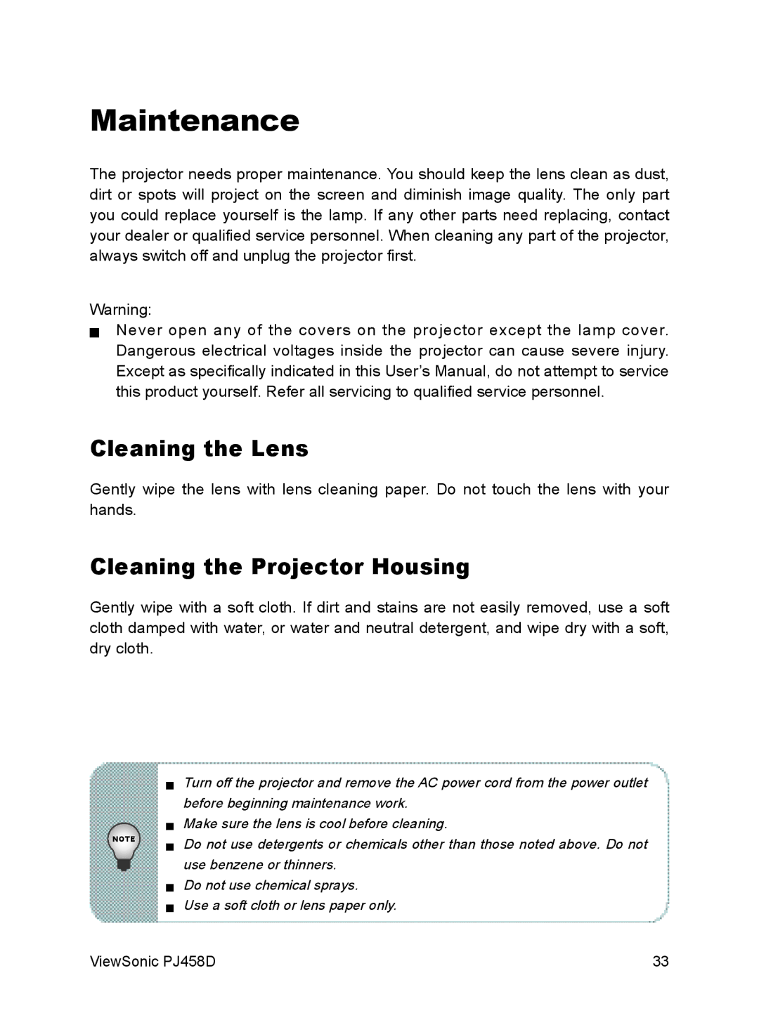 ViewSonic PJ458D manual Maintenance, Cleaning the Lens, Cleaning the Projector Housing 