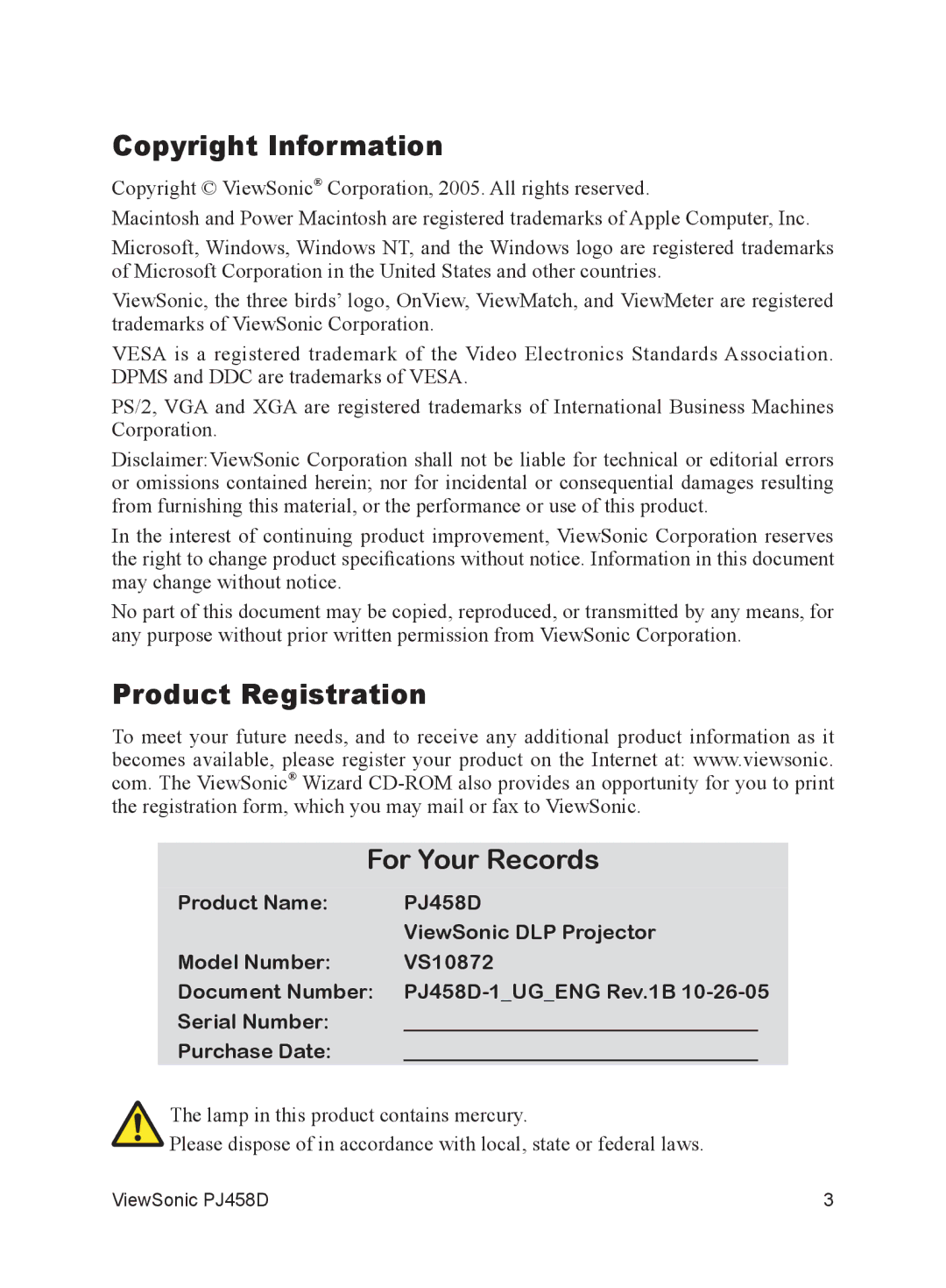 ViewSonic PJ458D manual Copyright Information, Product Registration For Your Records 