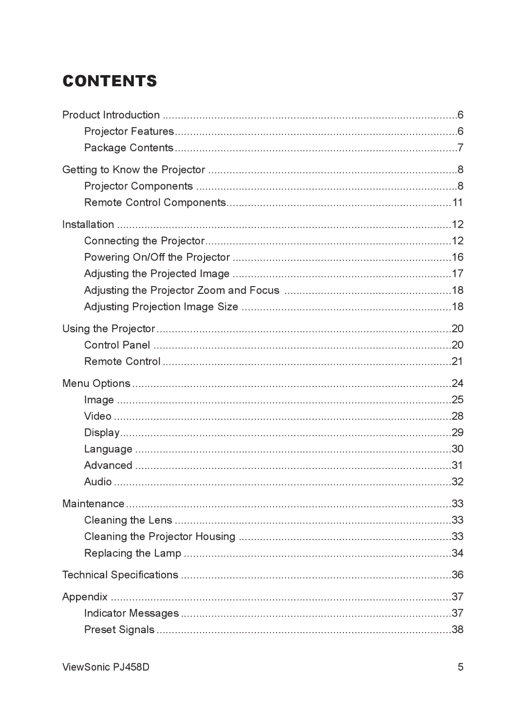 ViewSonic PJ458D manual Contents 