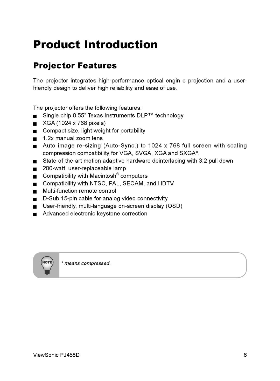 ViewSonic PJ458D manual Product Introduction, Projector Features 