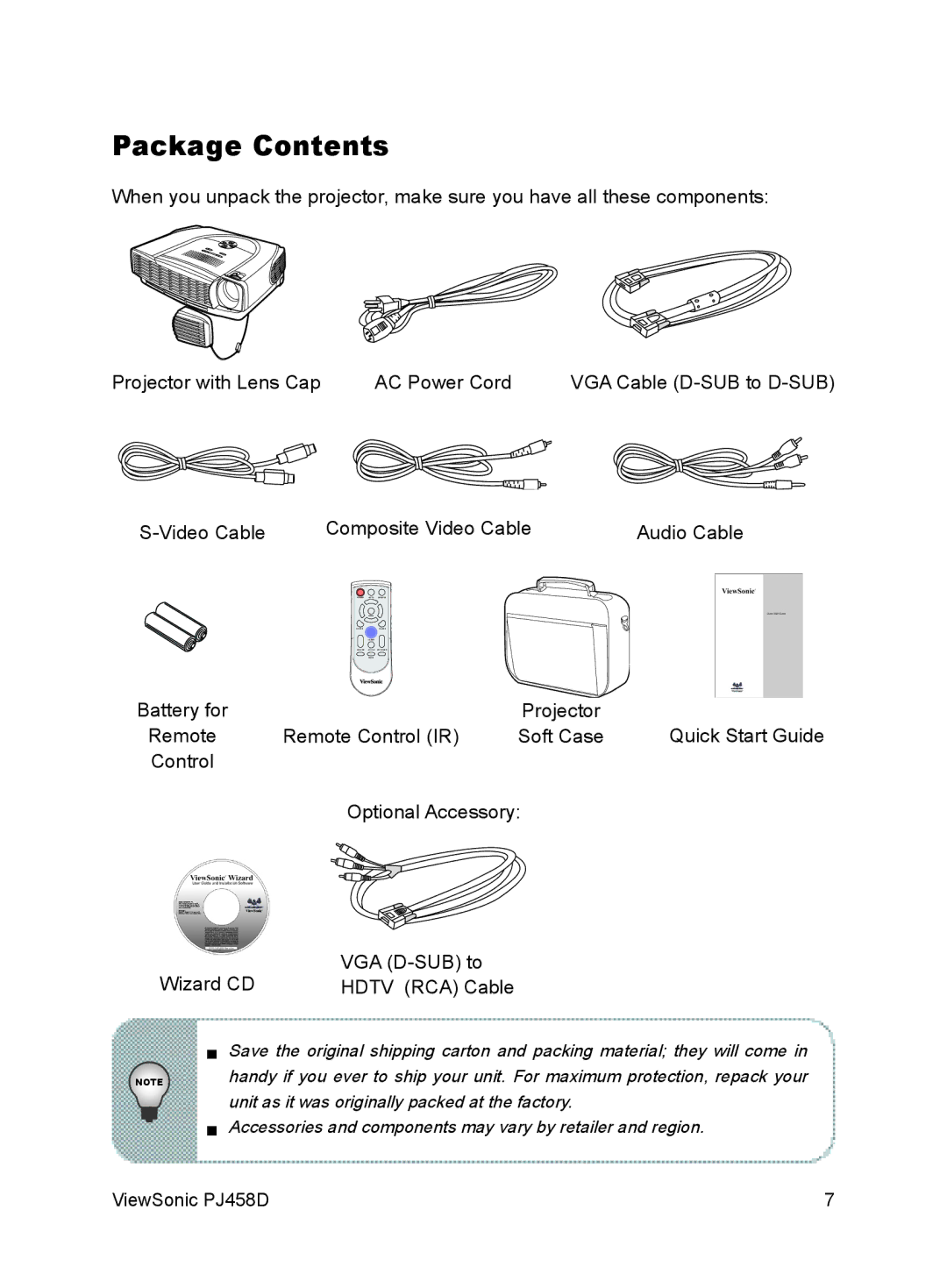 ViewSonic PJ458D manual Package Contents 