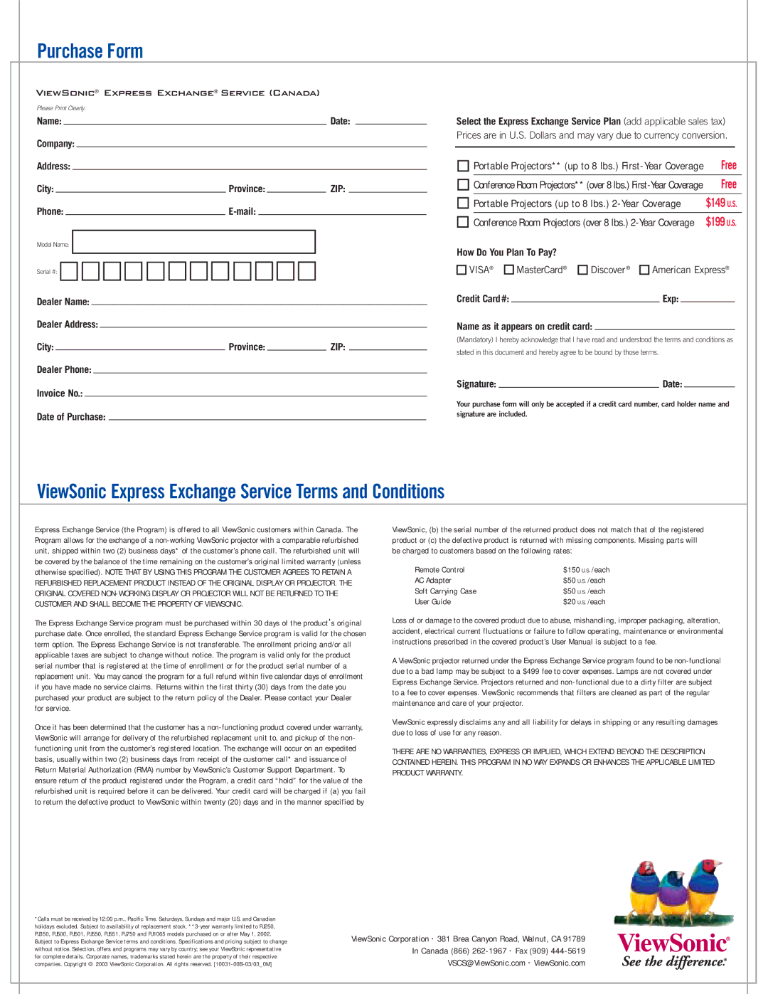 ViewSonic PJ550, PJ500, PJ250, PJ350 warranty Purchase Form, ViewSonic Express Exchange Service Terms and Conditions 