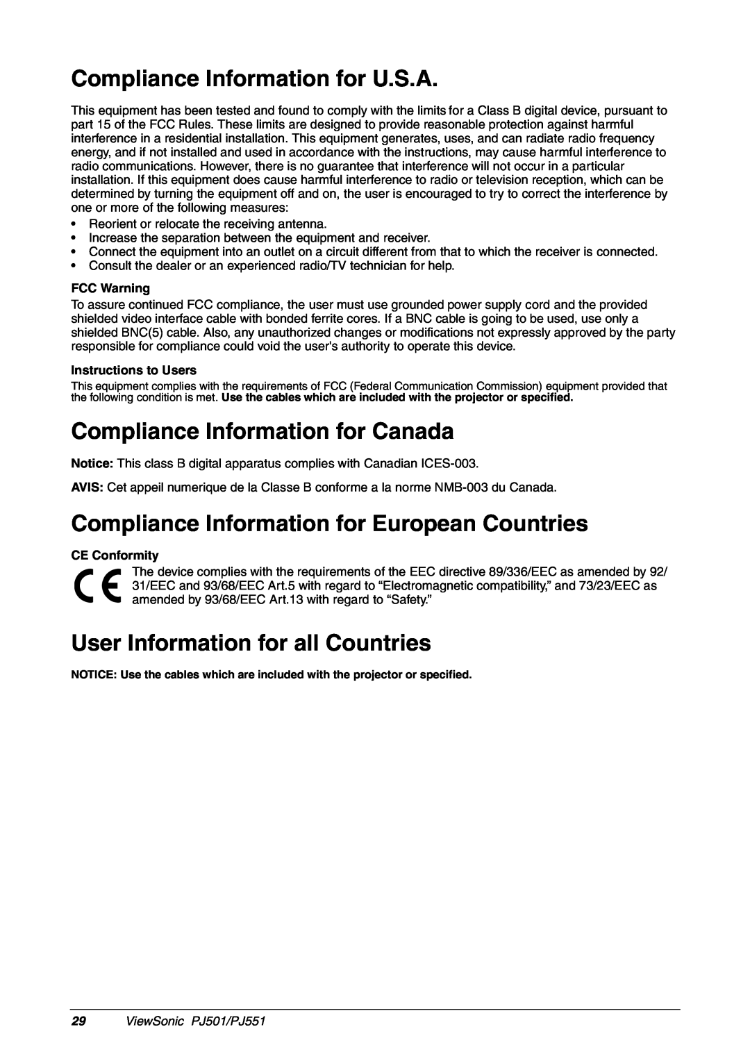 ViewSonic PJ501 Compliance Information for U.S.A, Compliance Information for Canada, User Information for all Countries 