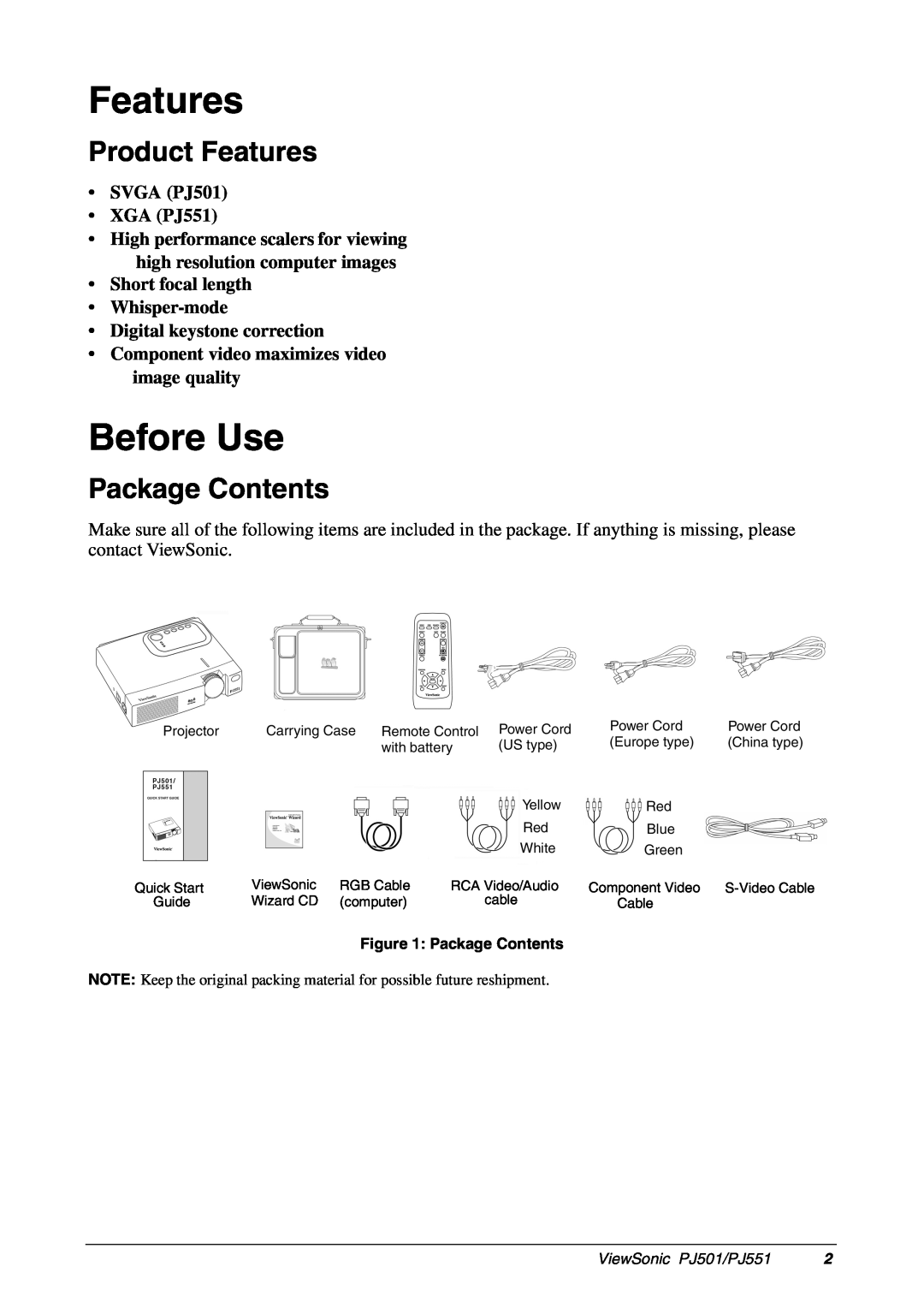 ViewSonic manual Before Use, Product Features, Package Contents, SVGA PJ501 XGA PJ551, ViewSonic PJ501/PJ551 