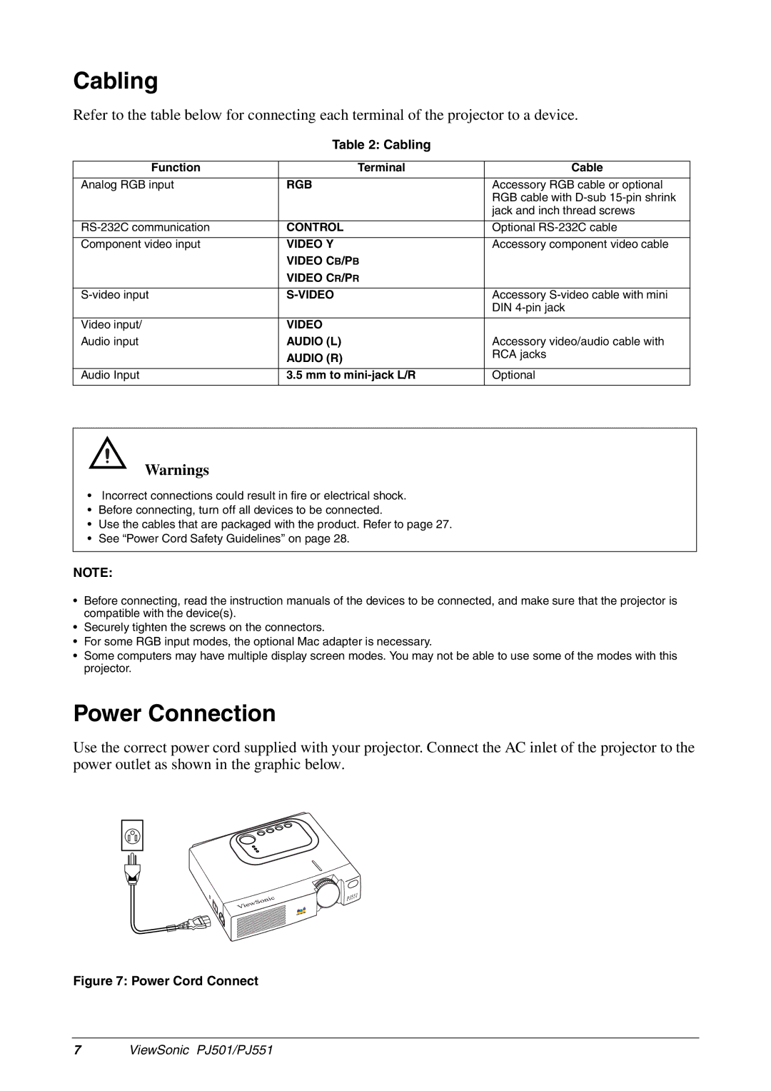 ViewSonic PJ501, PJ551 manual Cabling, Power Connection 