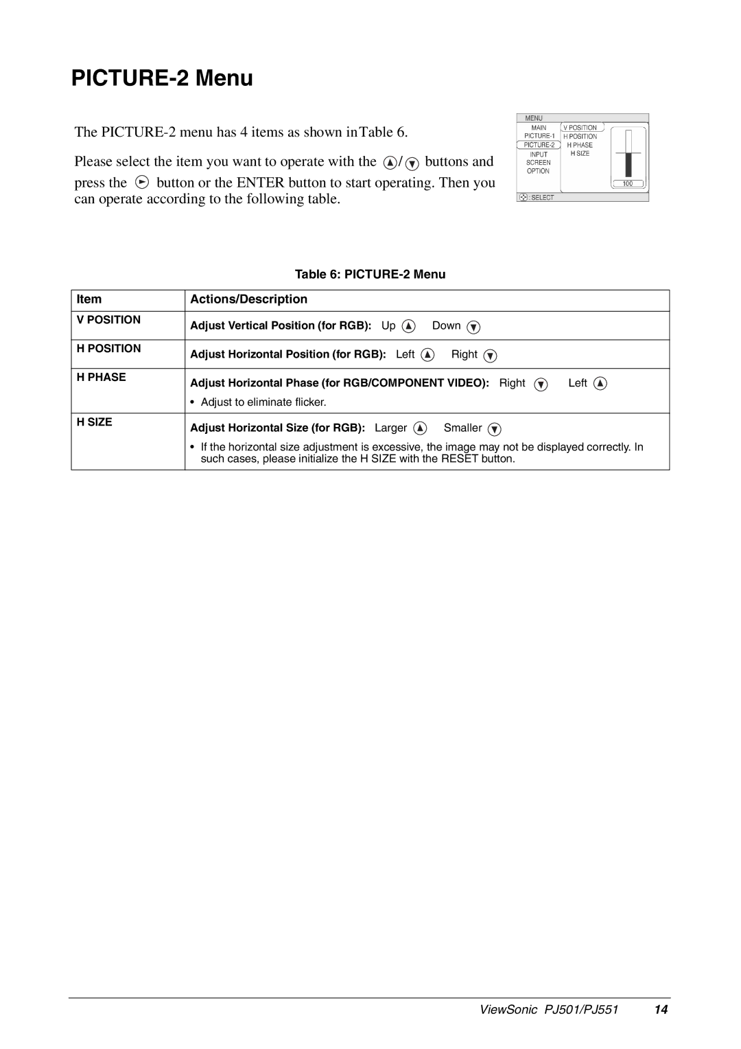 ViewSonic PJ551, PJ501 manual PICTURE-2 Menu Actions/Description, Phase, Size 