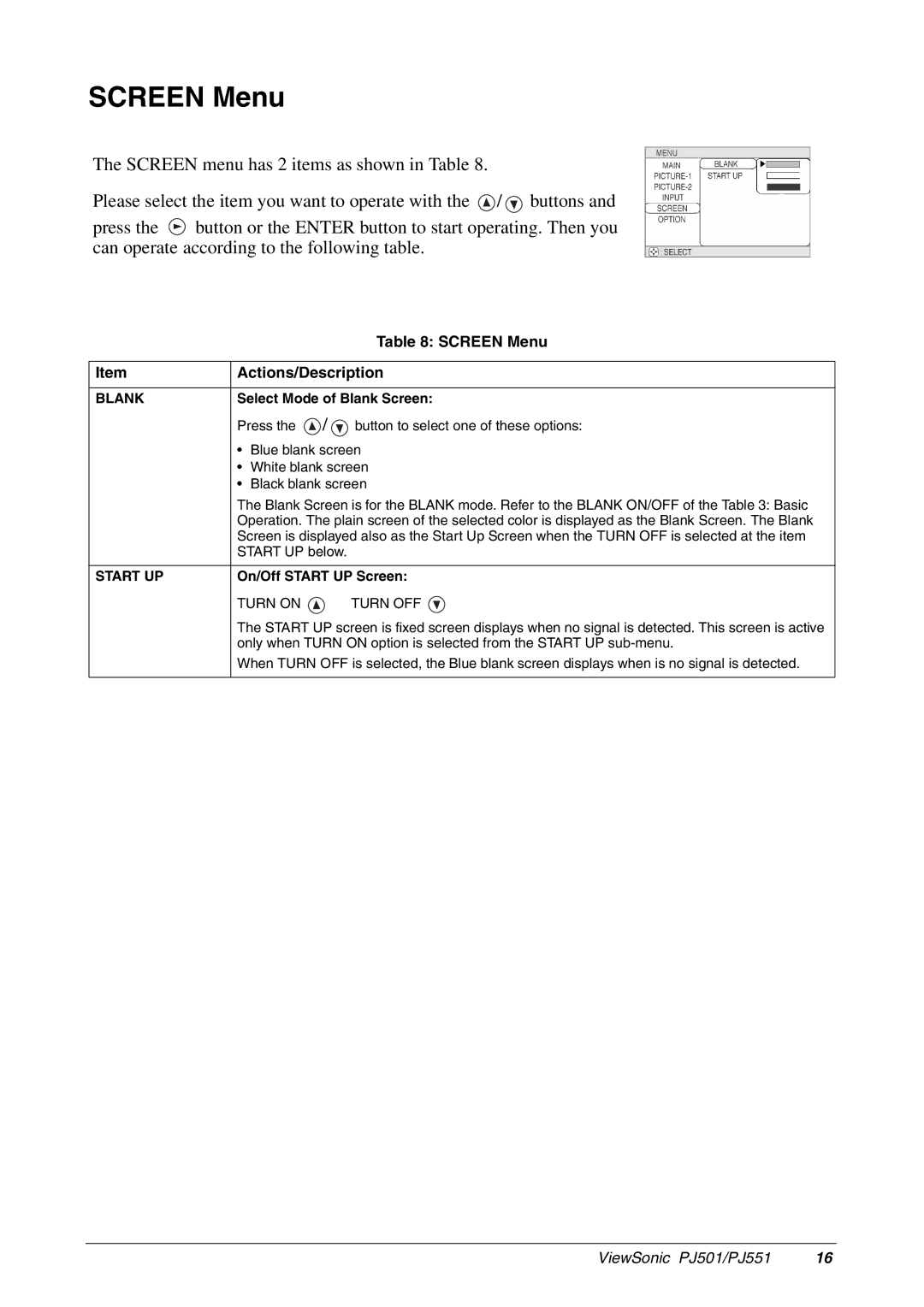 ViewSonic PJ551, PJ501 manual Screen Menu, Blank, Start UP, Turn on Turn OFF 