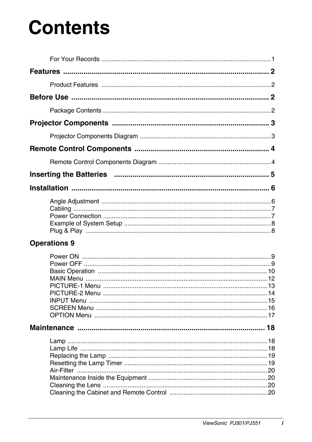 ViewSonic PJ501, PJ551 manual Contents 