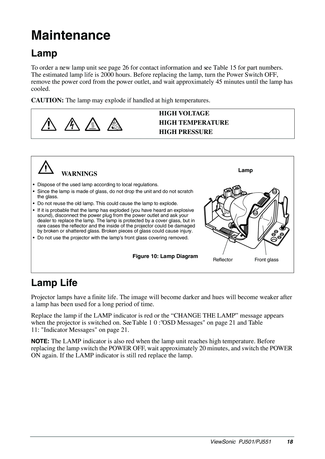 ViewSonic PJ551, PJ501 manual Maintenance, Lamp Life 