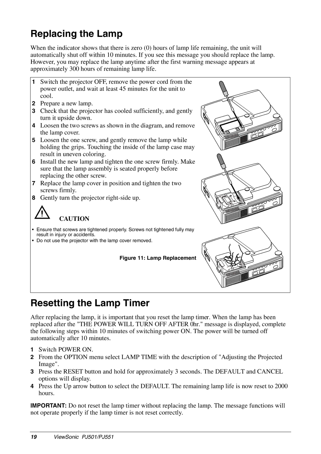 ViewSonic PJ501, PJ551 manual Replacing the Lamp, Resetting the Lamp Timer 