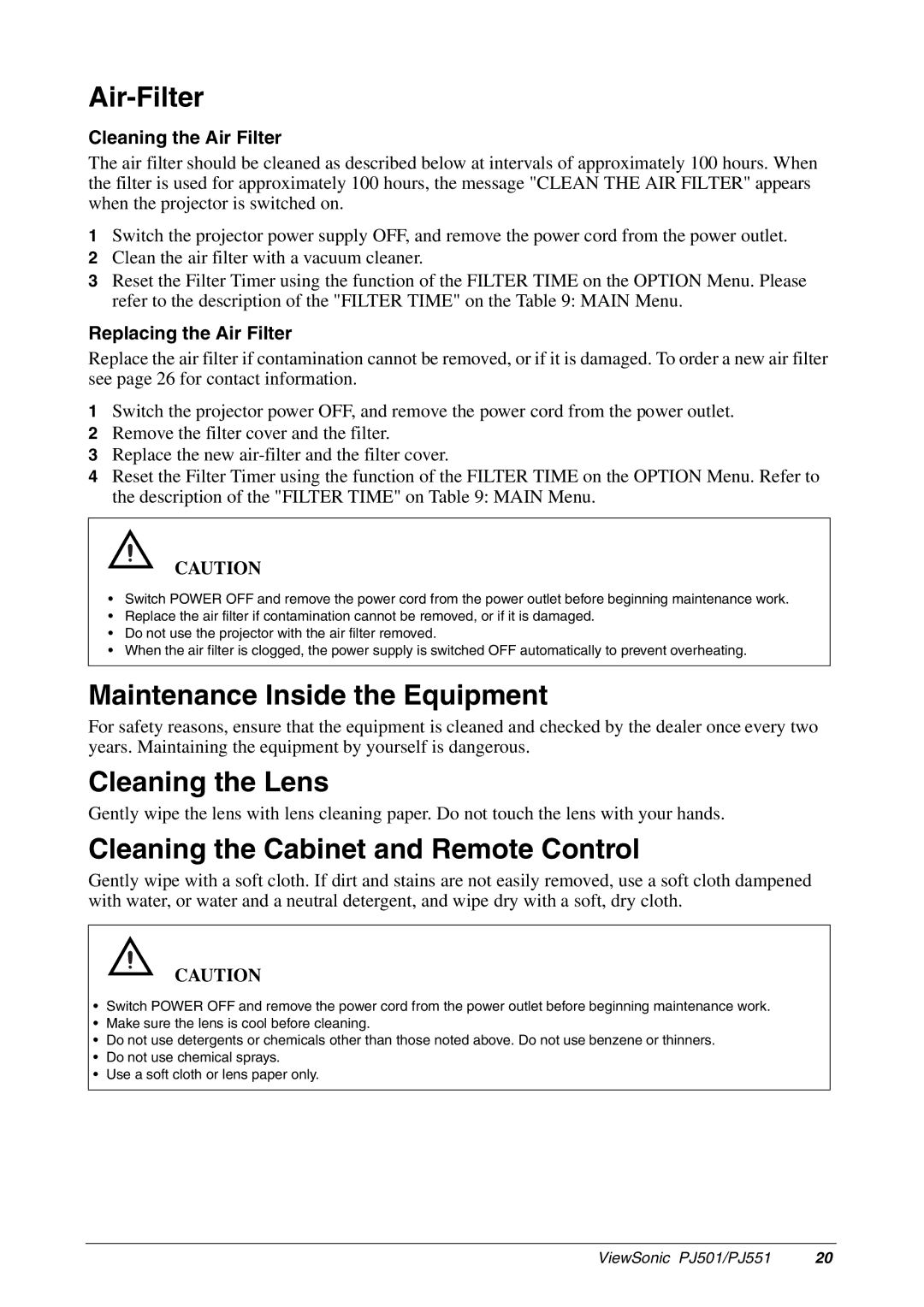 ViewSonic PJ551 Air-Filter, Maintenance Inside the Equipment, Cleaning the Lens, Cleaning the Cabinet and Remote Control 