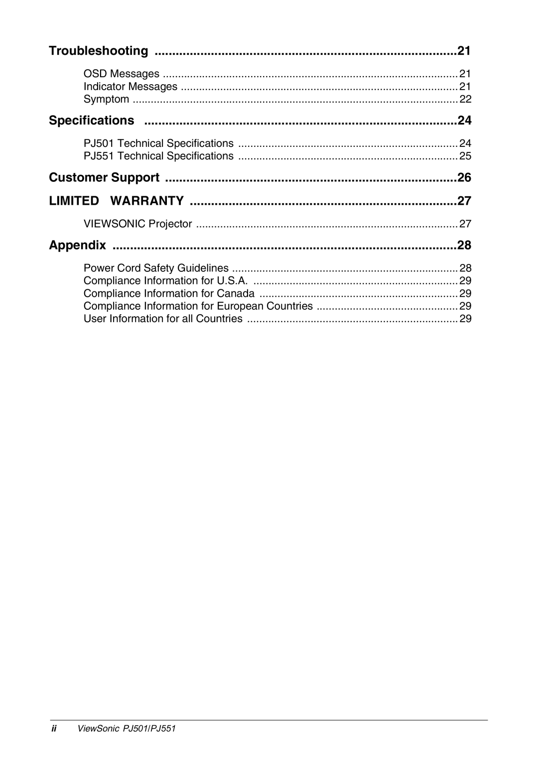 ViewSonic PJ551, PJ501 manual Limited Warranty 