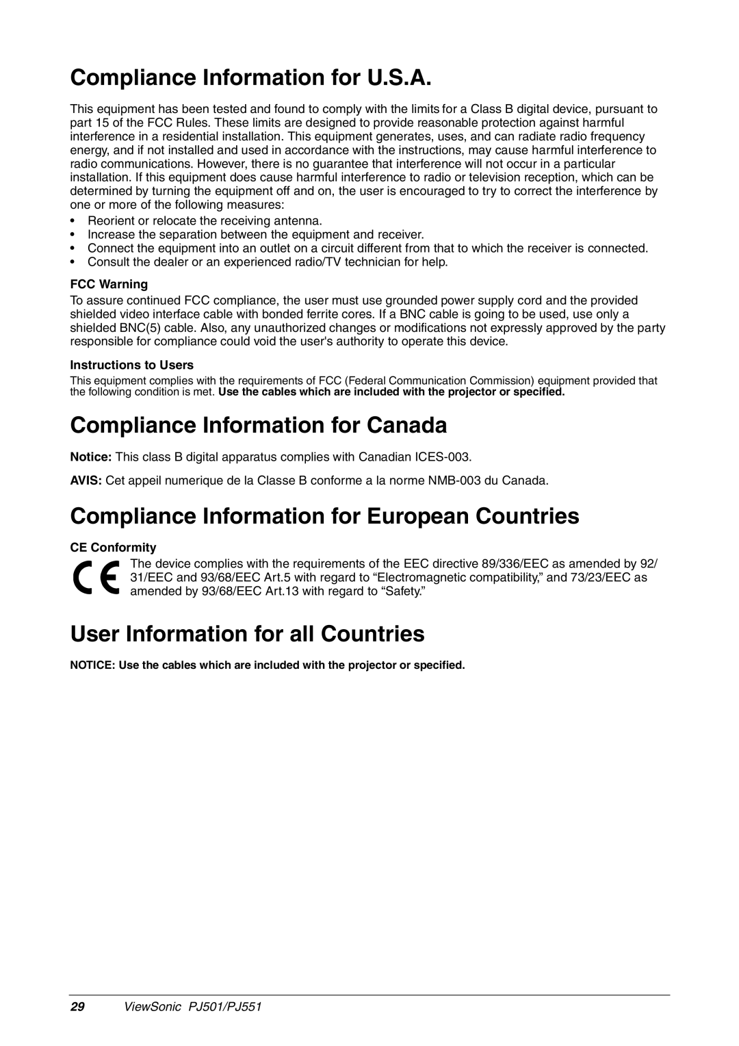 ViewSonic PJ501 Compliance Information for U.S.A, Compliance Information for Canada, User Information for all Countries 