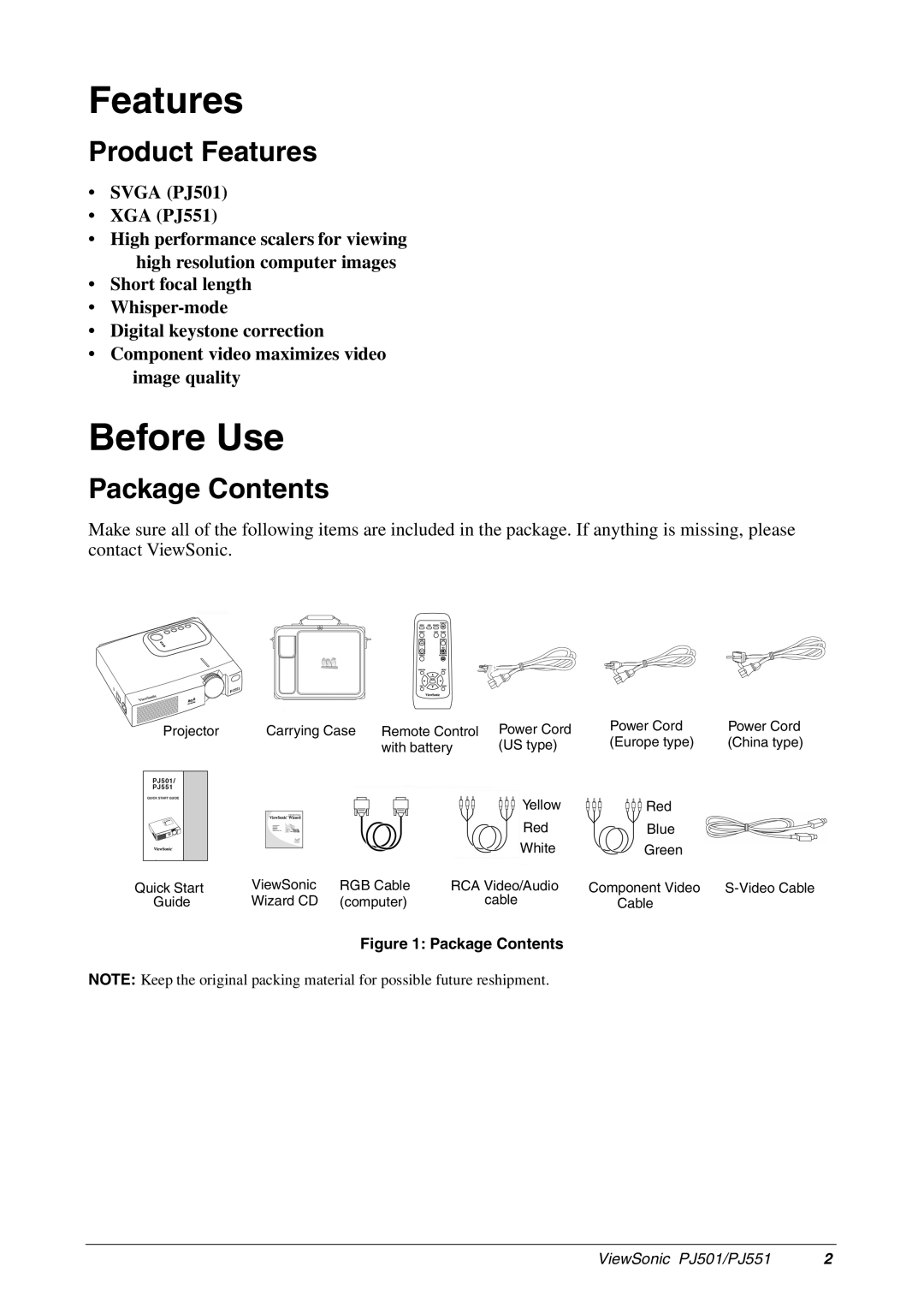 ViewSonic PJ551, PJ501 manual Before Use, Product Features, Package Contents 