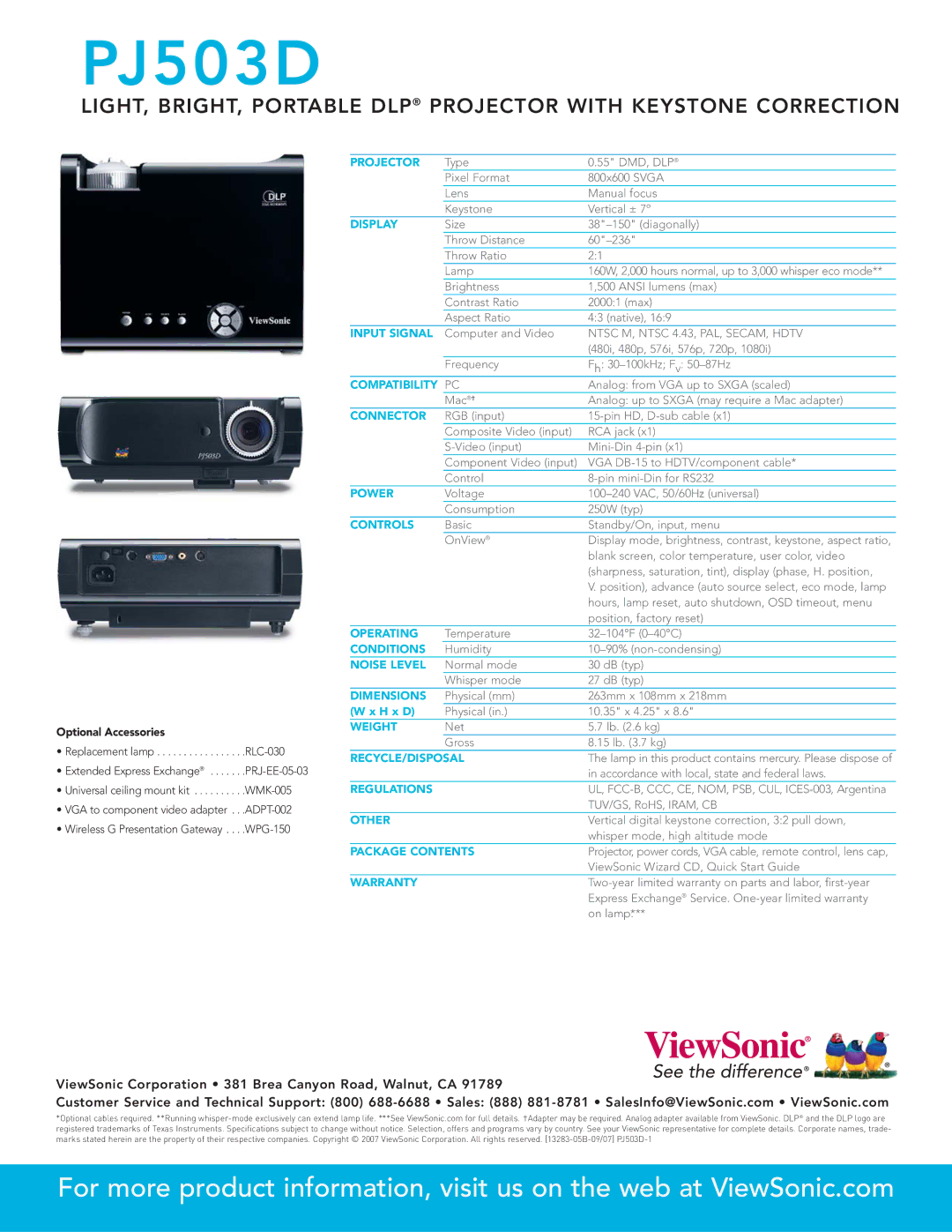 ViewSonic PJ503D Projector, Display, Input Signal, Compatibility, Connector, Power, Controls, Operating, Conditions, Other 