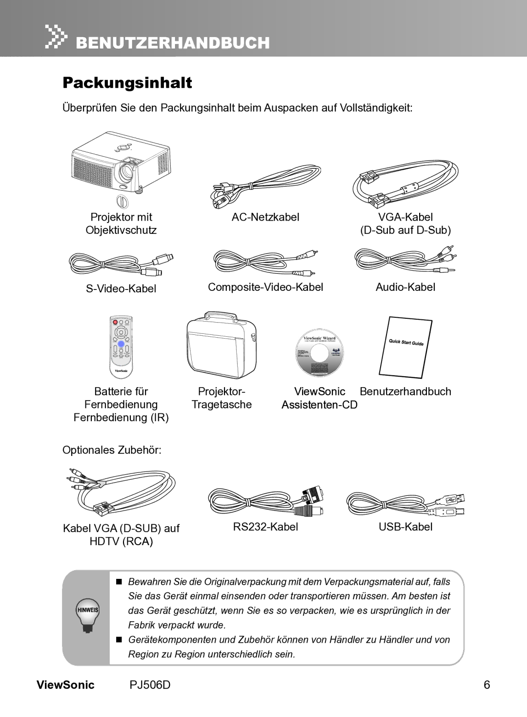 ViewSonic PJ506D manual Packungsinhalt, Hdtv R CA 