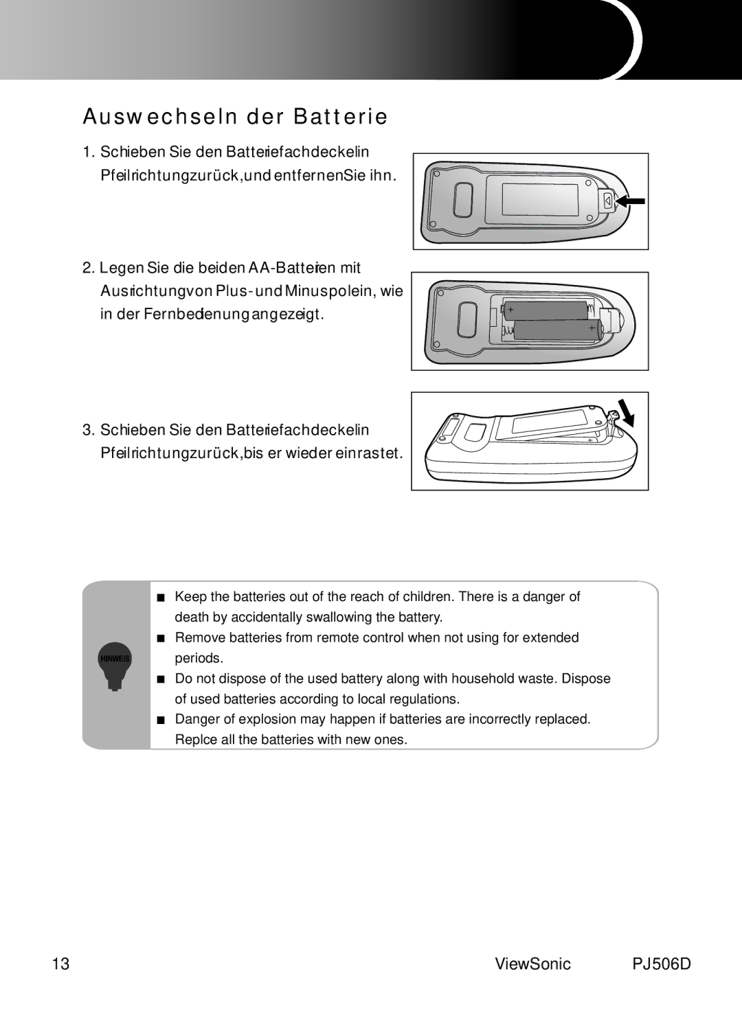 ViewSonic PJ506D manual Auswechseln der Batterie 