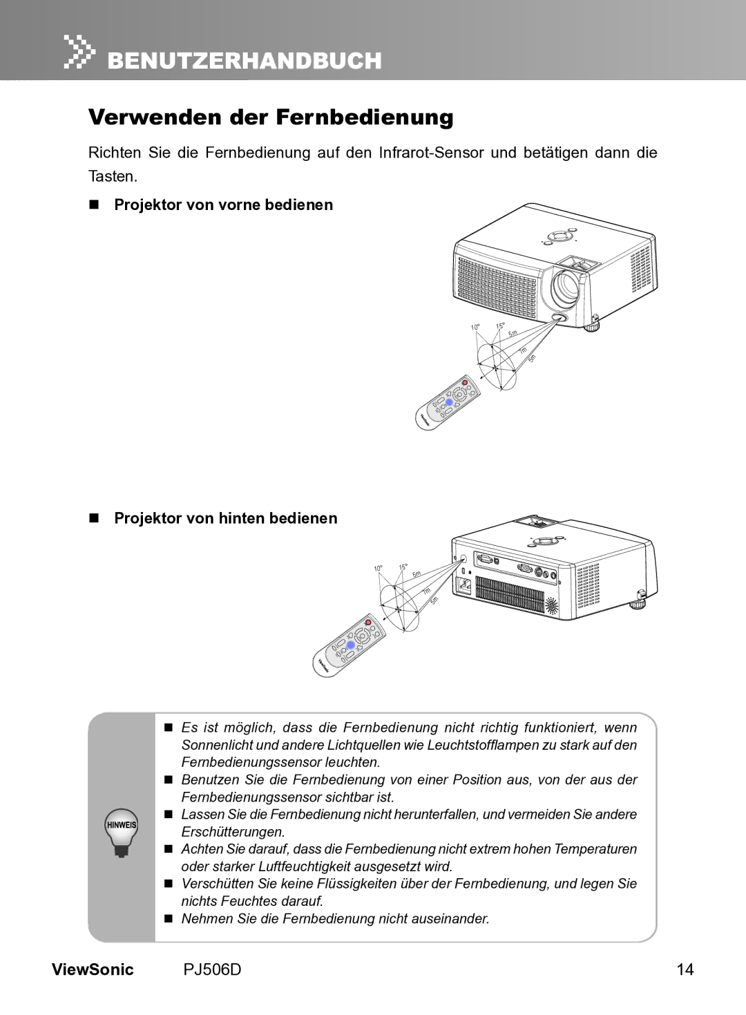 ViewSonic PJ506D manual Verwenden der Fernbedienung 