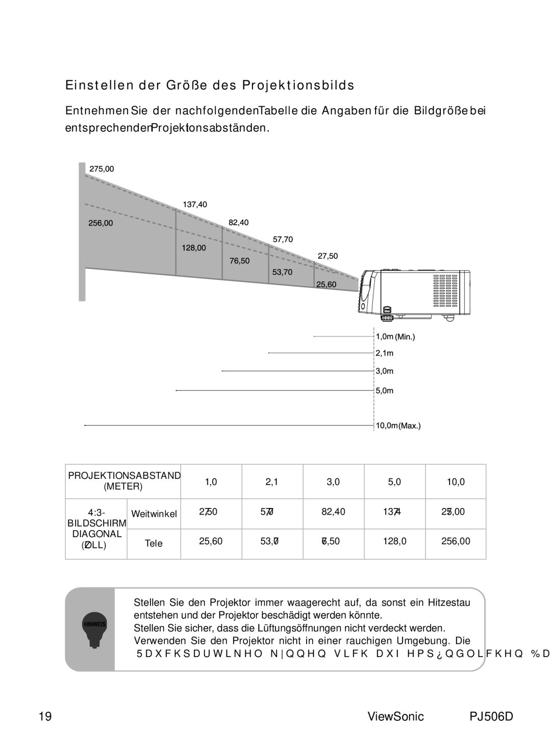 ViewSonic PJ506D manual Einstellen der Größe des Projektionsbilds 