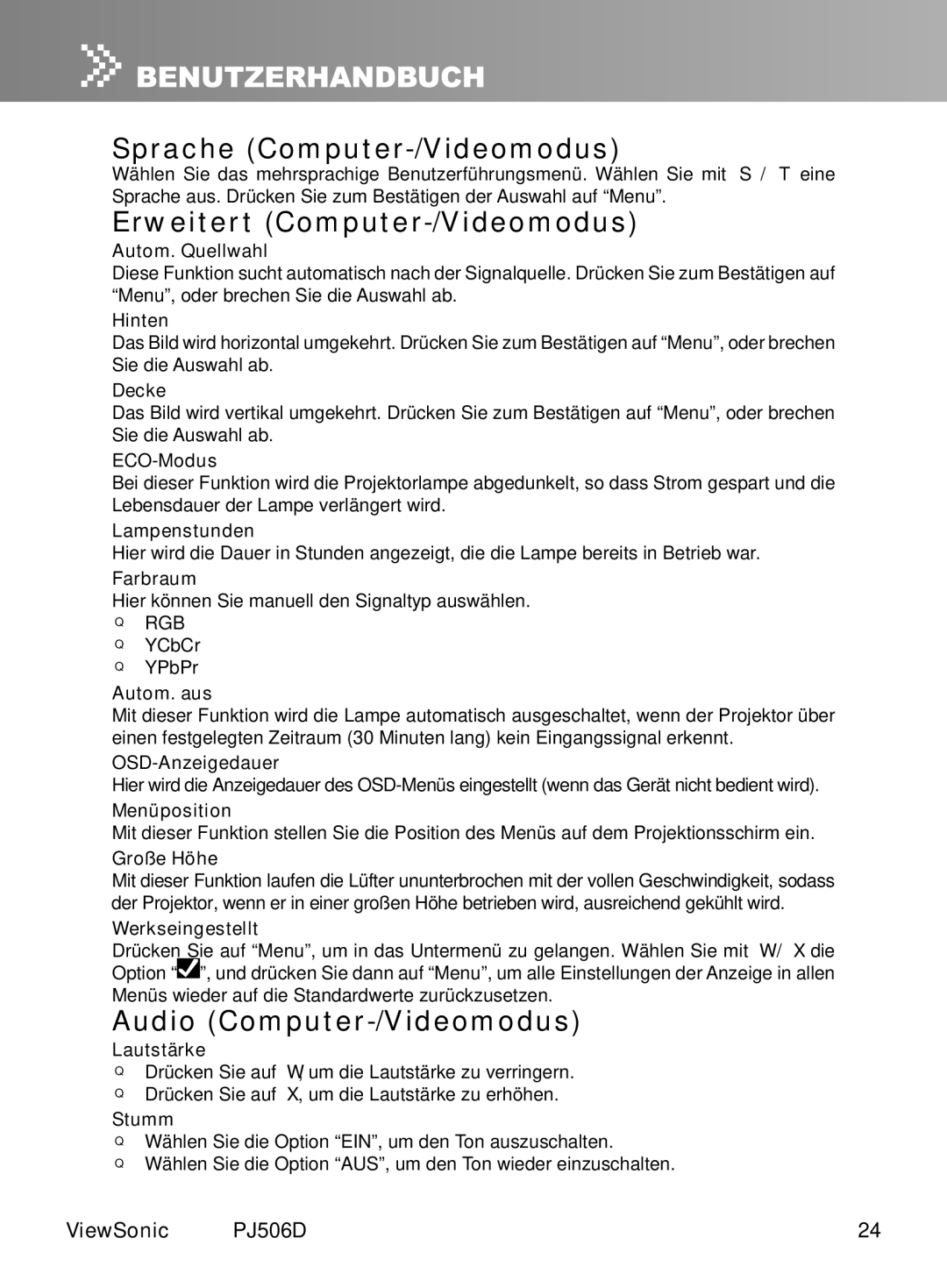 ViewSonic PJ506D manual Sprache Computer-/Videomodus, Erweitert Computer-/Videomodus, Audio Computer-/Videomodus 