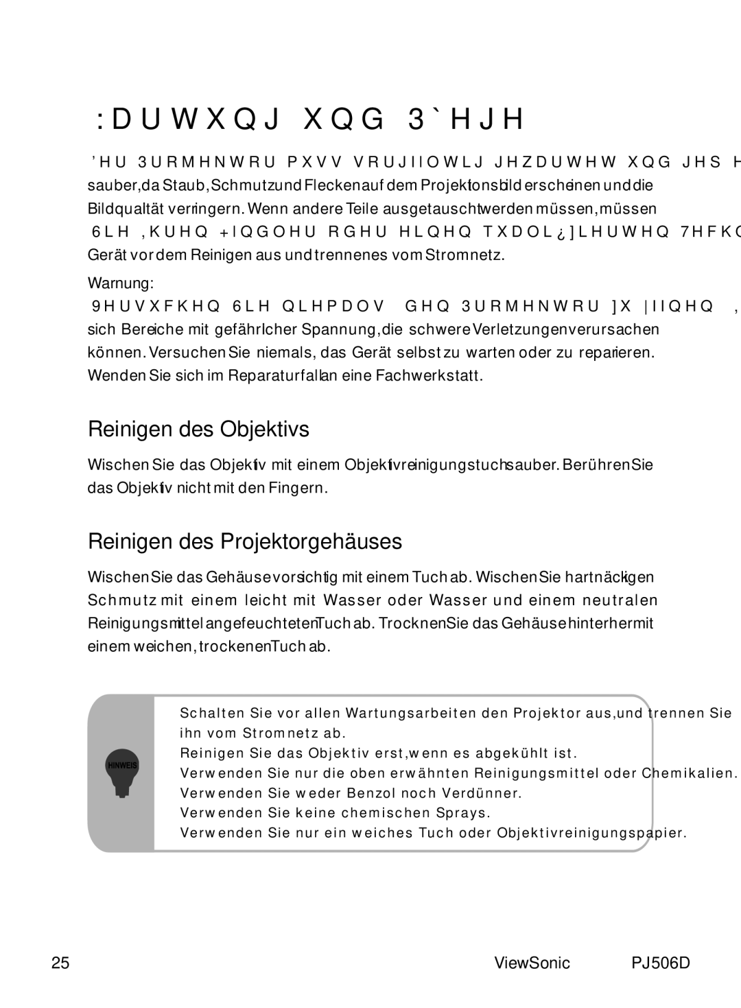 ViewSonic PJ506D manual Wartung und Pflege, Reinigen des Objektivs, Reinigen des Projektorgehäuses 