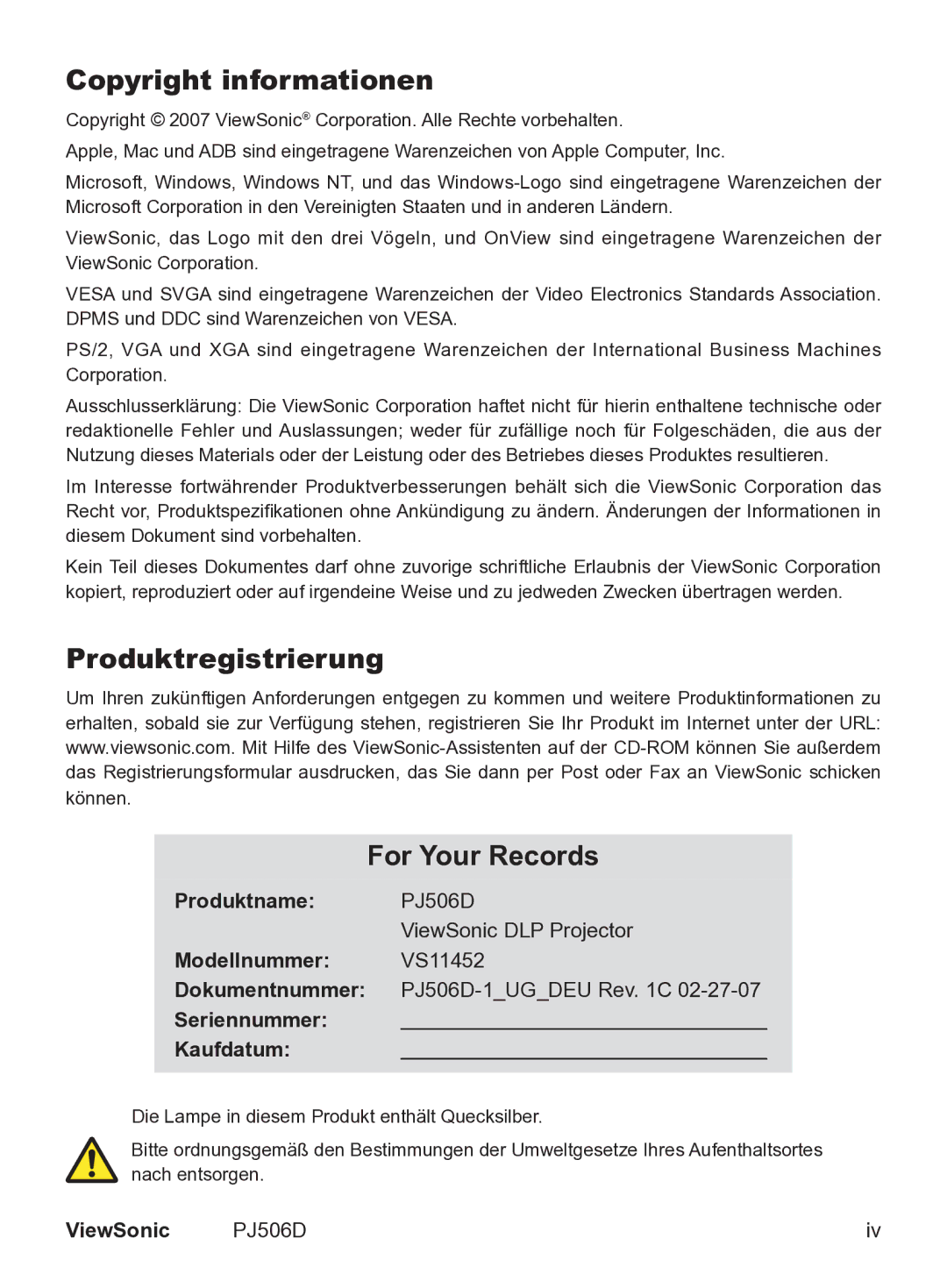 ViewSonic PJ506D manual Copyright informationen, Produktregistrierung For Your Records 