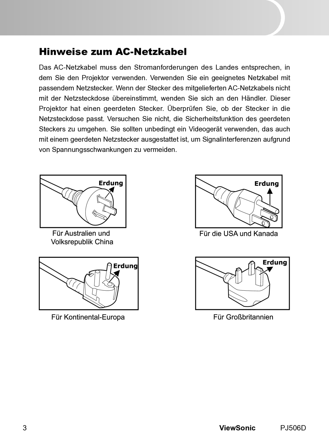 ViewSonic PJ506D manual Hinweise zum AC-Netzkabel 