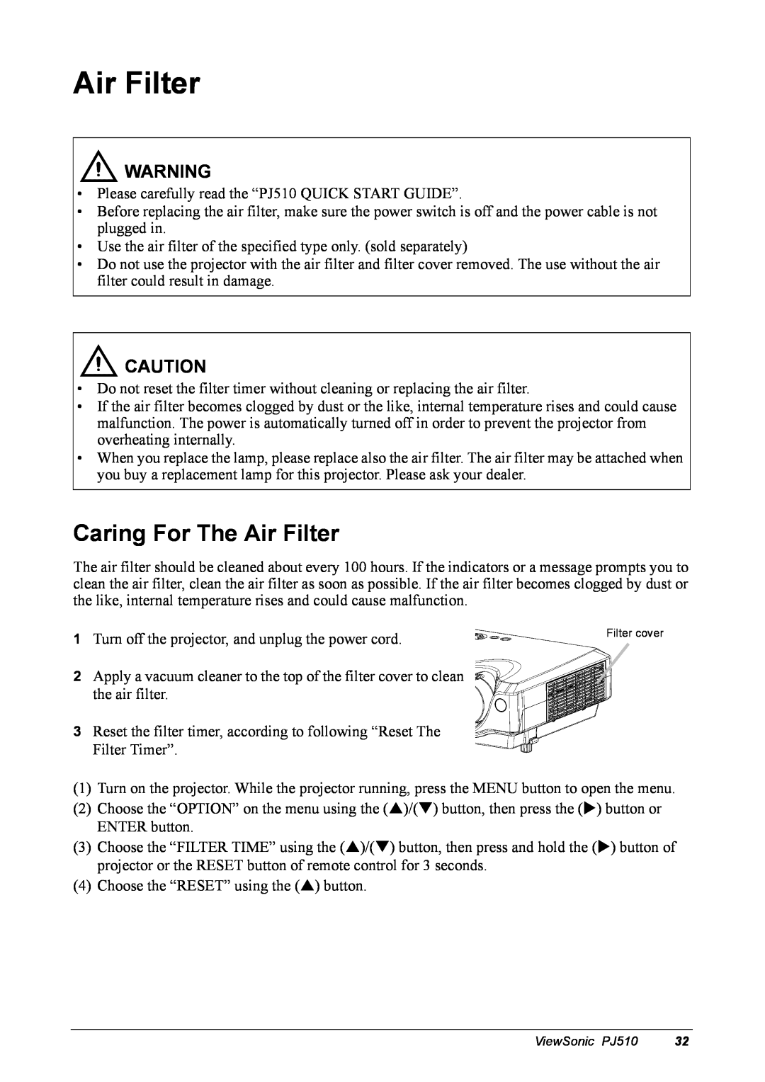ViewSonic PJ510 manual Caring For The Air Filter 