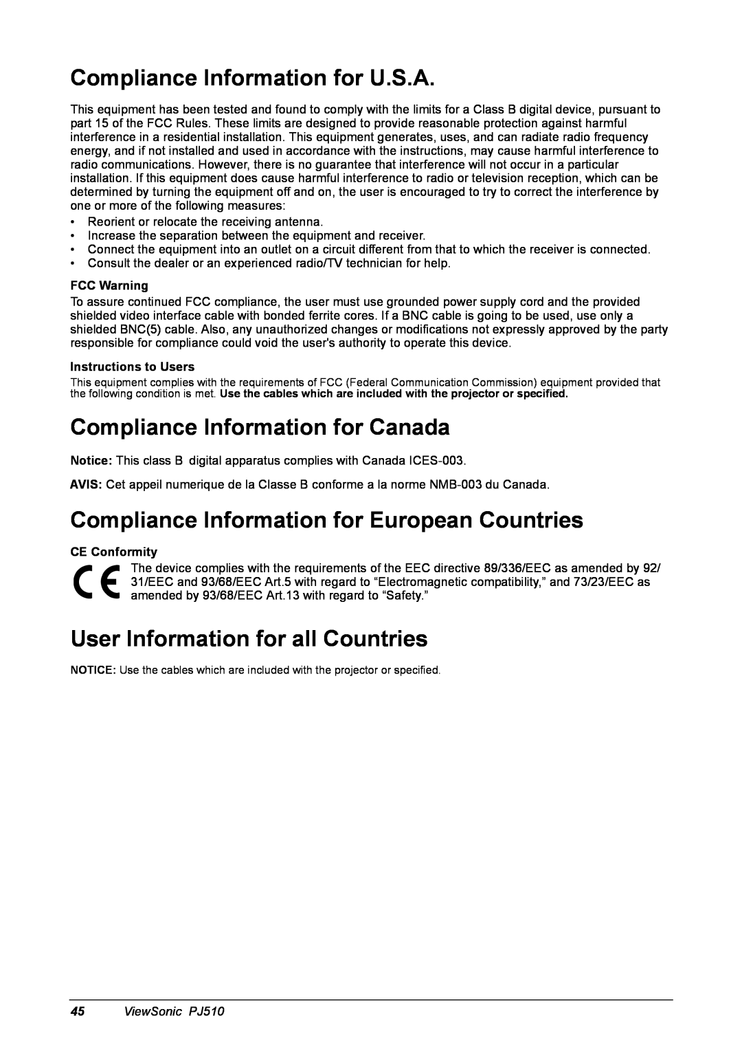 ViewSonic PJ510 Compliance Information for U.S.A, Compliance Information for Canada, User Information for all Countries 