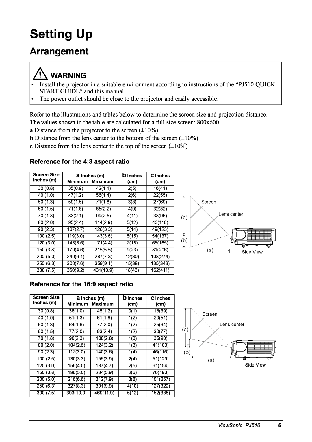 ViewSonic PJ510 manual Setting Up, Arrangement, Reference for the 43 aspect ratio, Reference for the 169 aspect ratio 