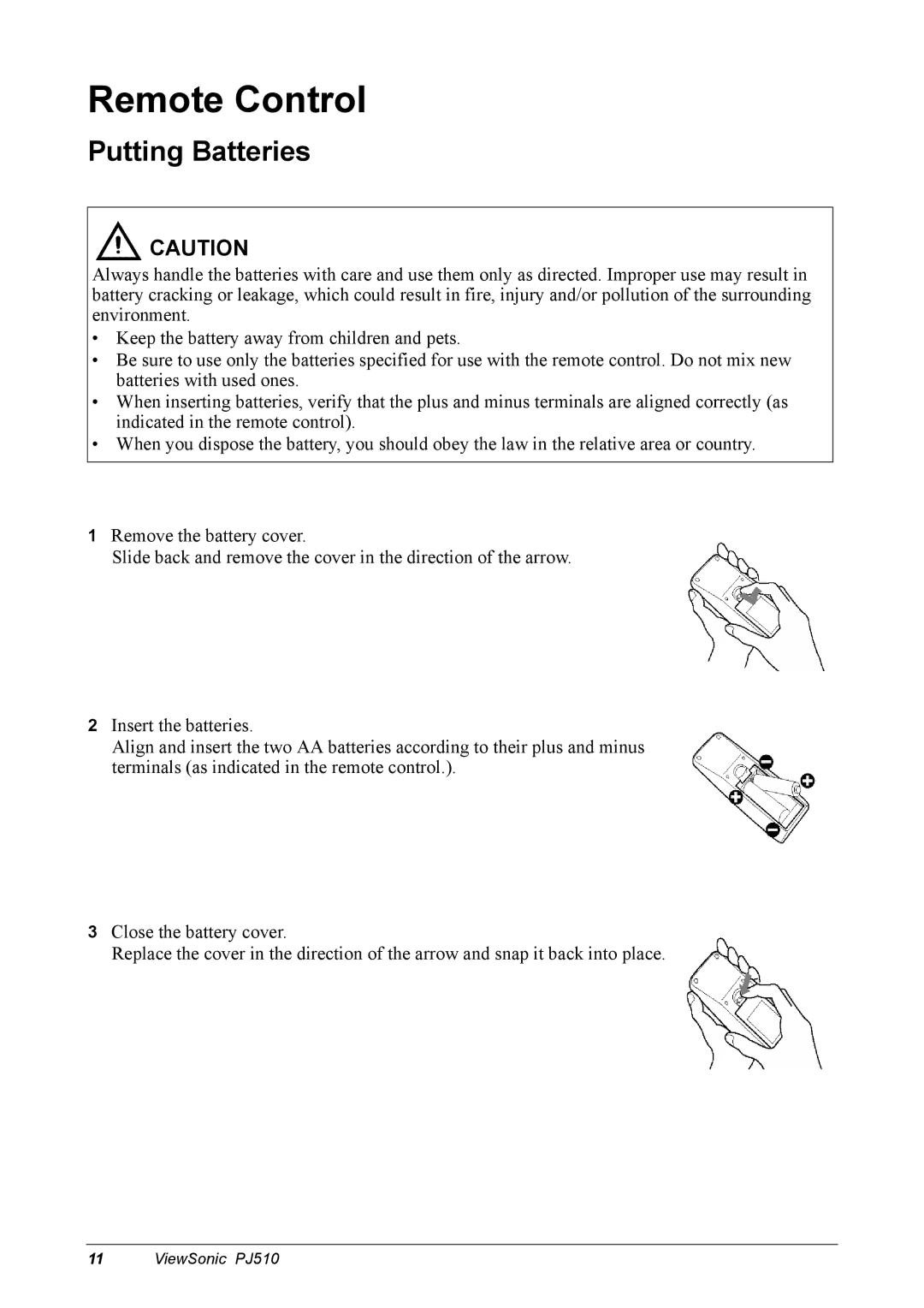 ViewSonic PJ510 manual Remote Control, Putting Batteries 