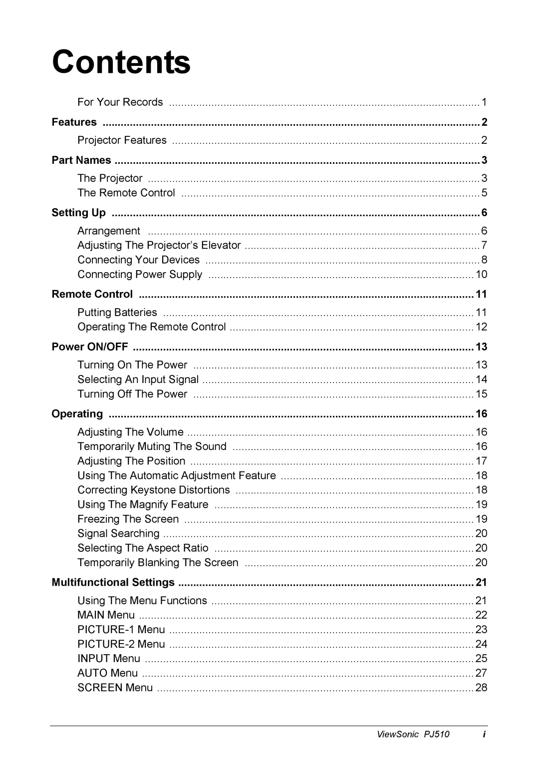 ViewSonic PJ510 manual Contents 