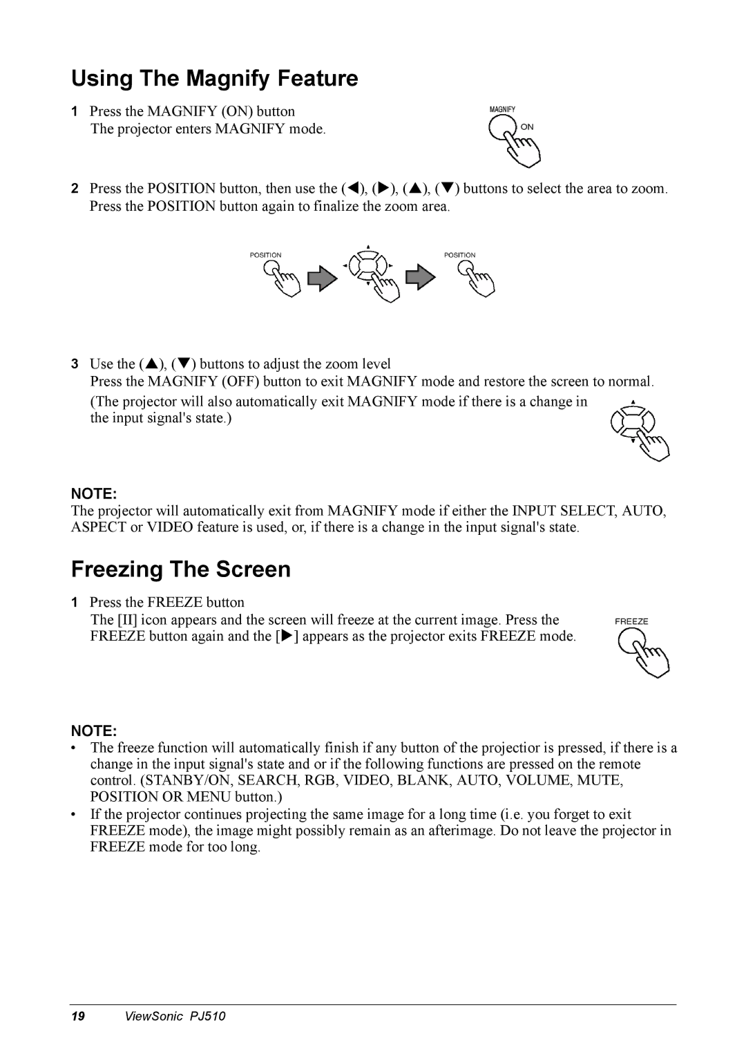 ViewSonic PJ510 manual Using The Magnify Feature, Freezing The Screen 